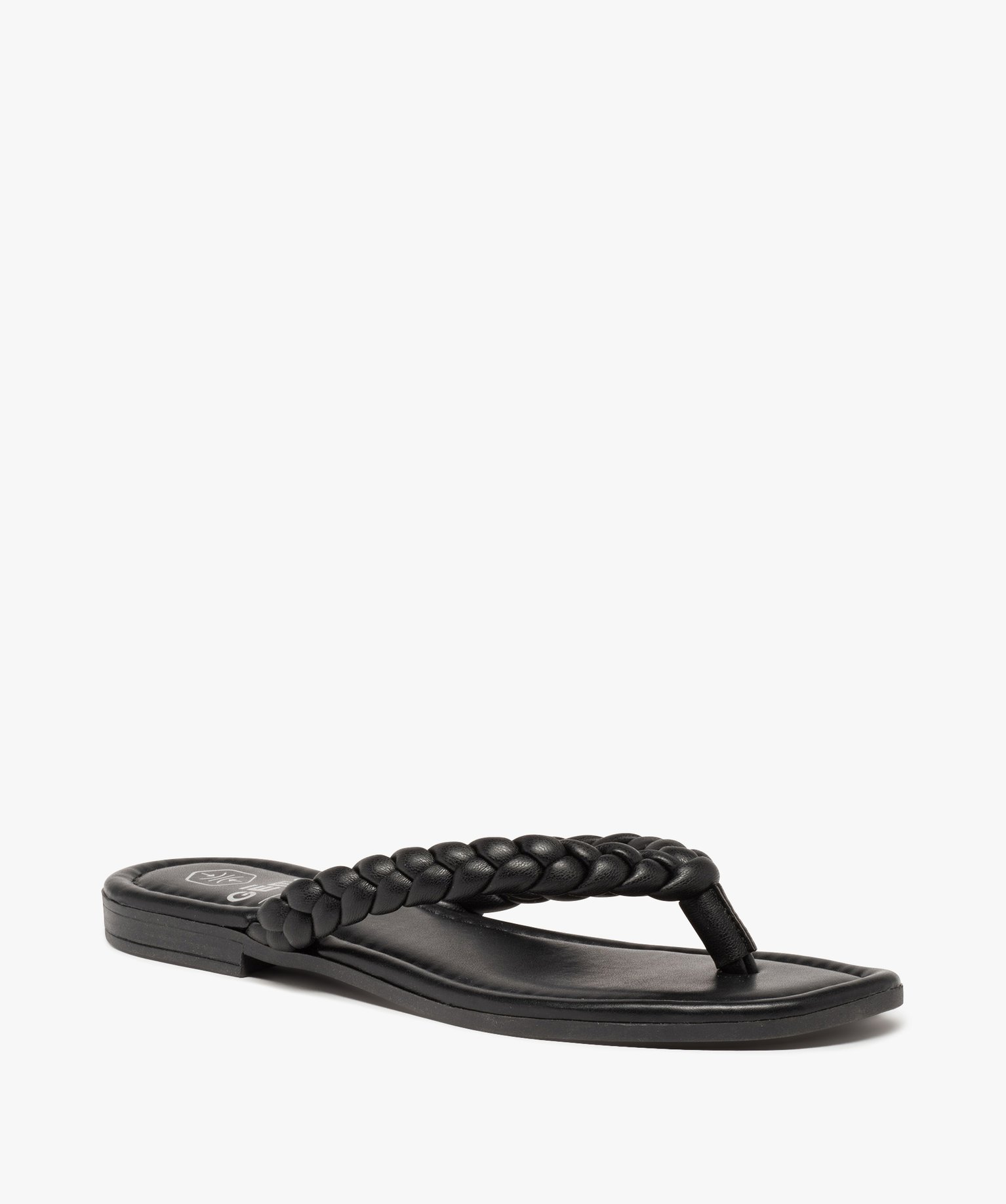 Tongs femme à brides tressées et talon plat noir | GEMO