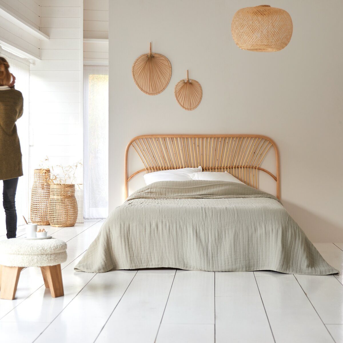 Tikamoon Massivholzbett Kopfteil Bett aus Rattan 160 cm