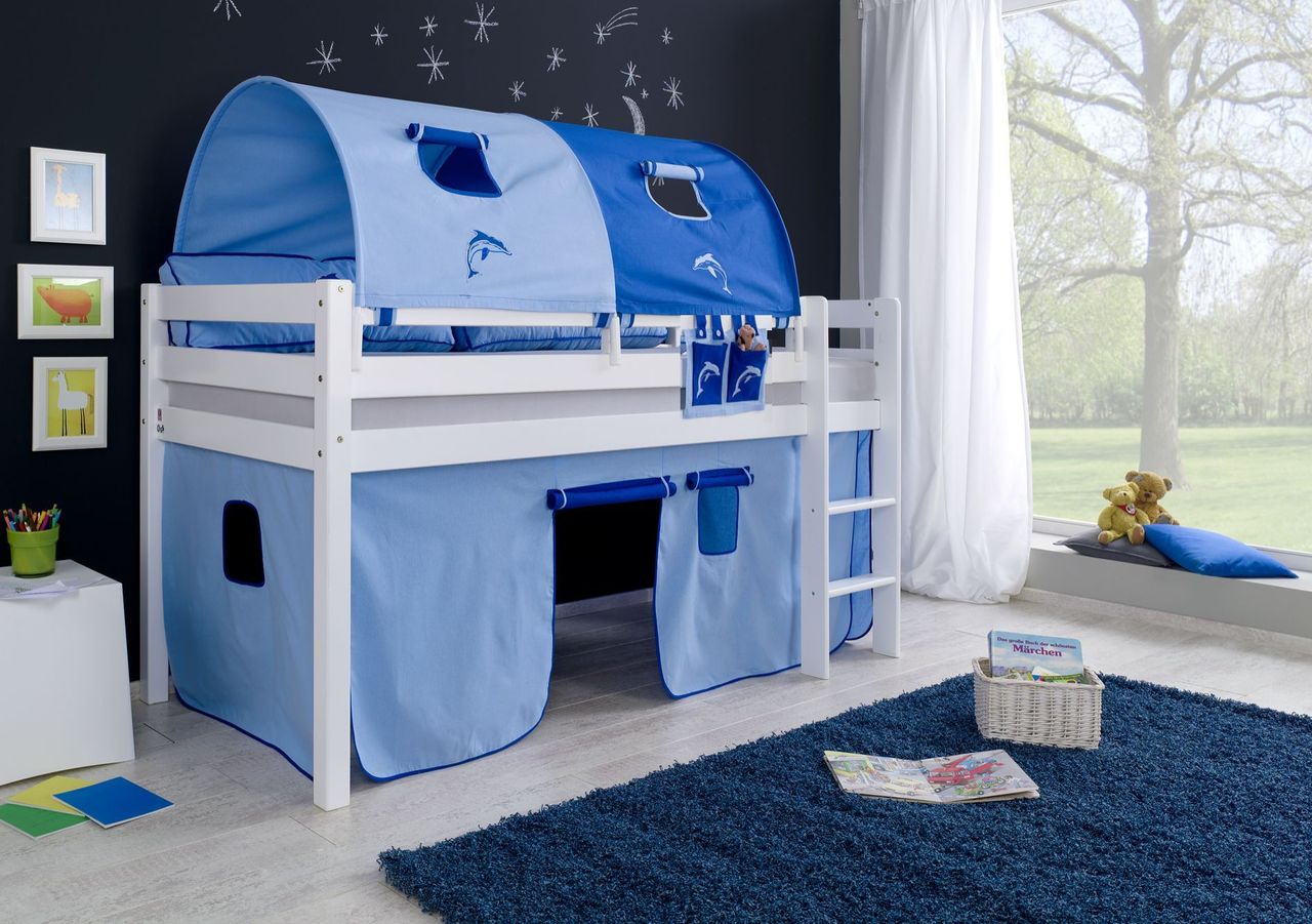 Relita Halbhohes Spielbett ALEX Buche massiv weiß lackiert mit Stoffset blau/delfin