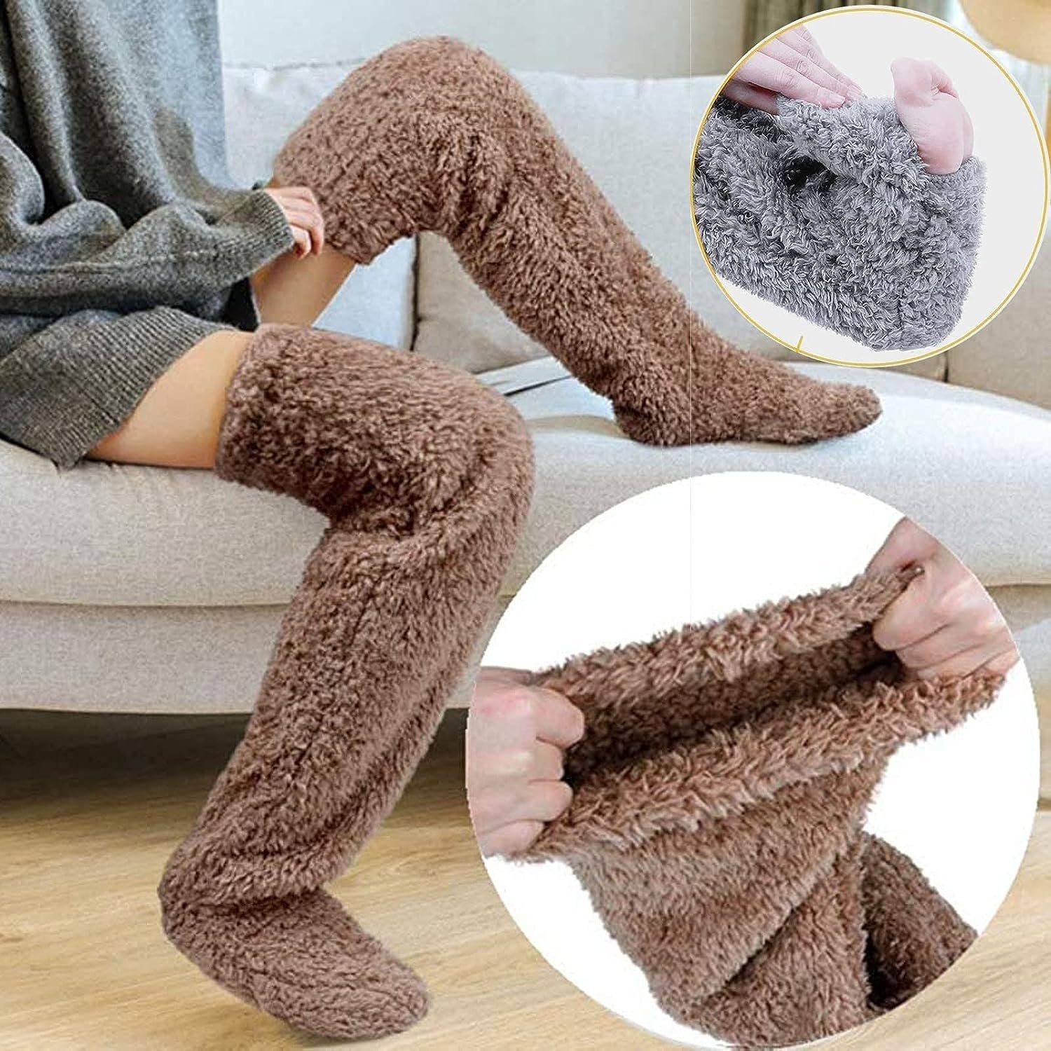 Zeaicos Overknees Oberschenkelstrümpfe, Winter-Beinwärmer flauschige weiche Thermo (wickeln) winddicht und warm