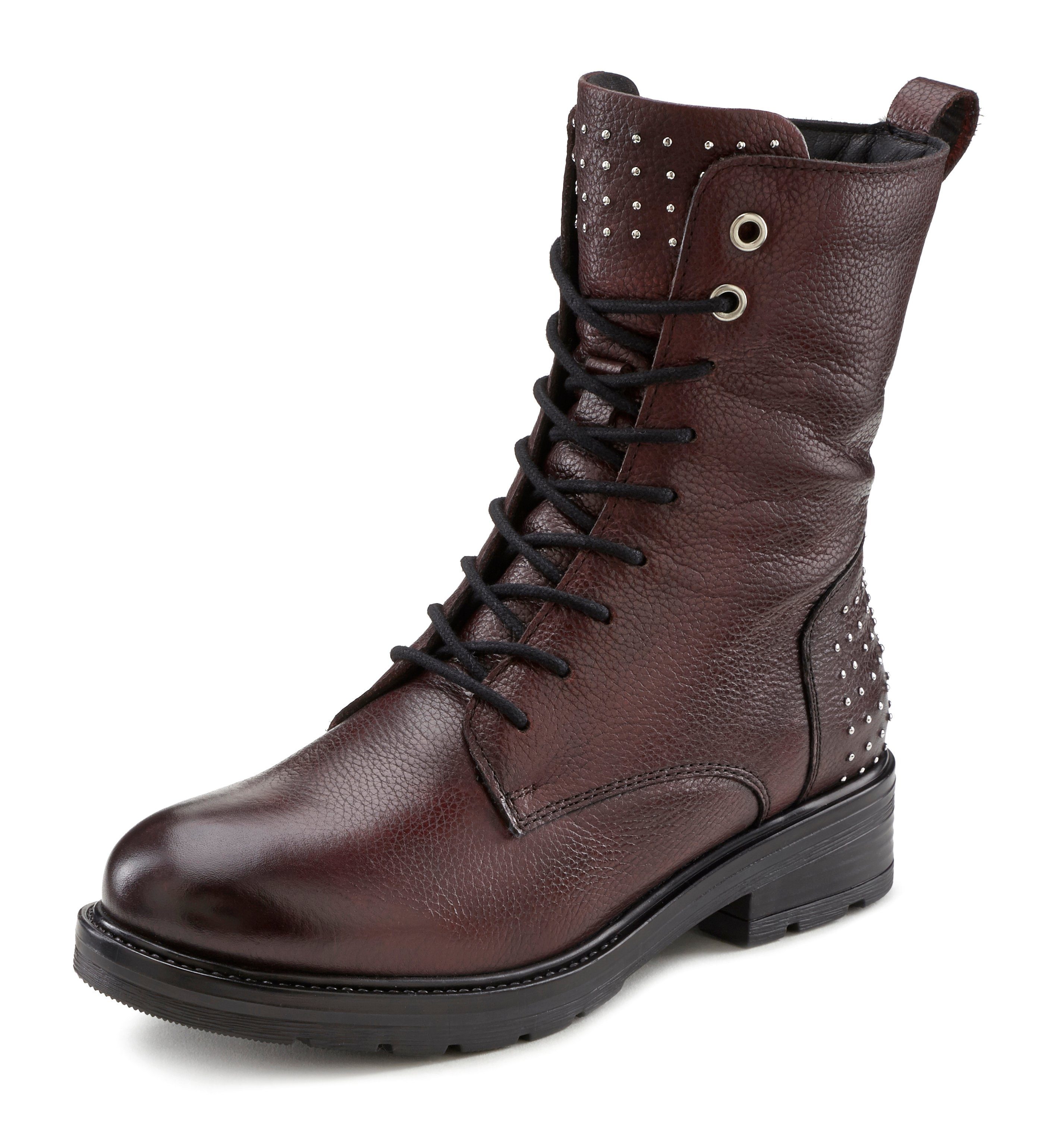 LASCANA Schnürboots Reißverschlusstiefel, Bikerboots aus Leder mit kleinen Nieten