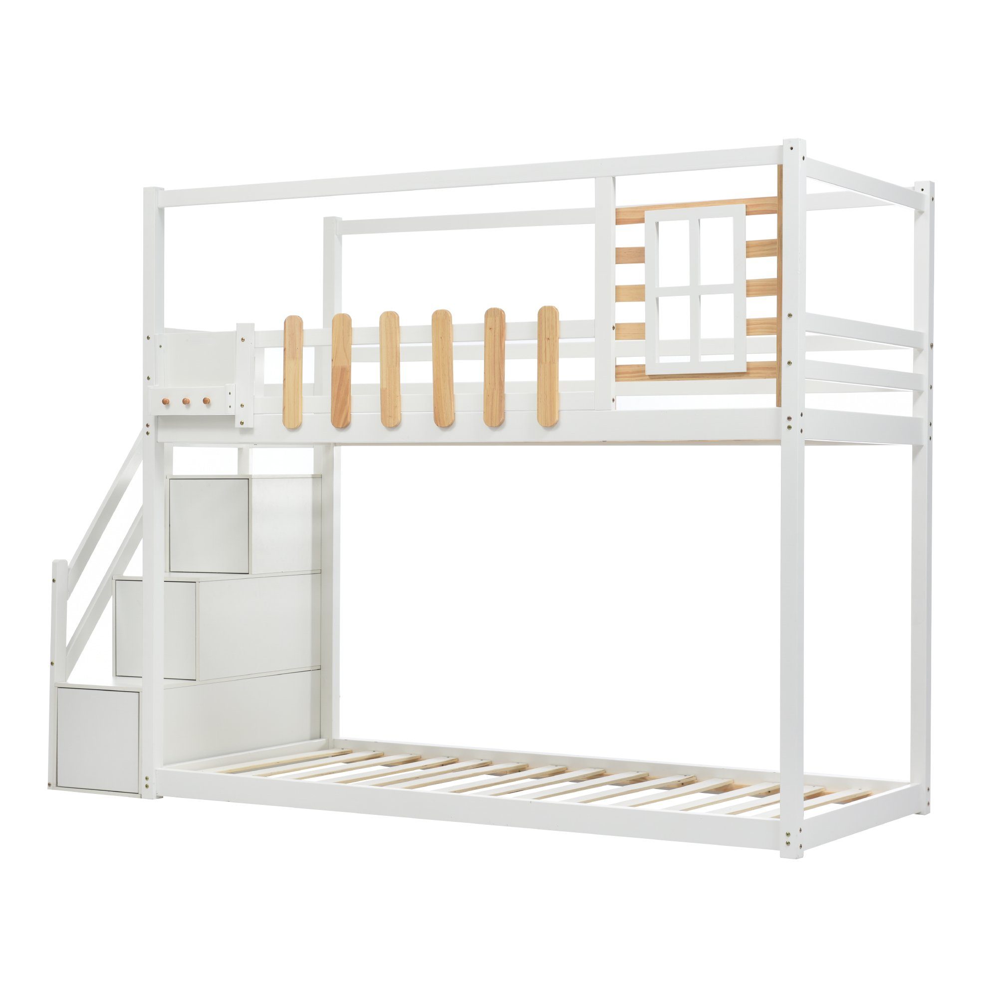 REDOM Kinderbett Kinderbett Einzelbett Gästebett Bett (mit 3 Schließfächer in der Treppe, mit Fallschutzgitter, mit Treppe, Fenster und Regalkasten), Rahmen aus massivem Kiefernholz, Ohne Matratze