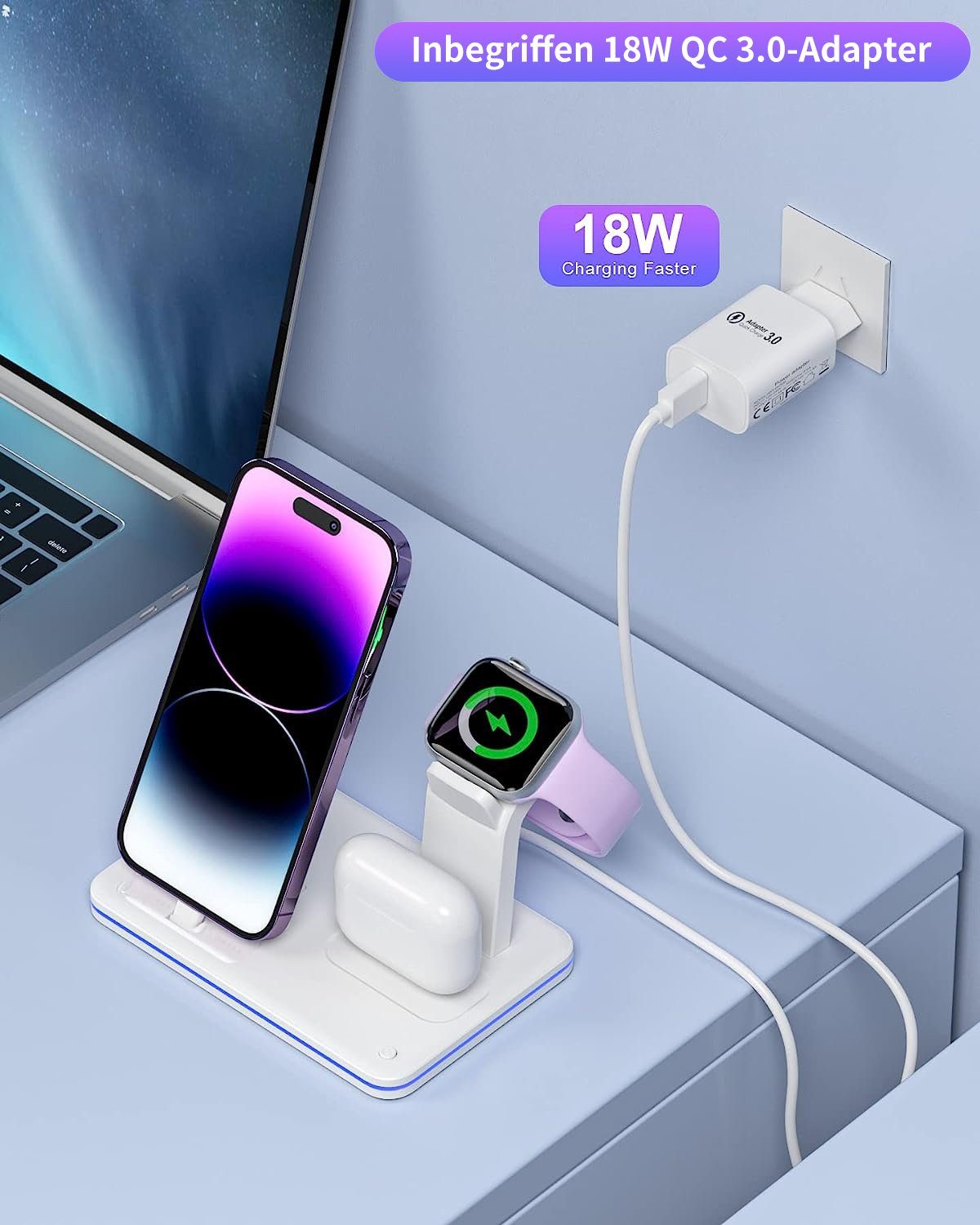 JOEAIS Handy-Dockingstation Induktive Ladestation Apple 3 in 1 iPhone iWatch Airpods Induktions, (Kabellose Ladegerät Handy Induktions Ladegeräte), Wireless Charger für Apple iWatch iPhone Airpods Charging Station
