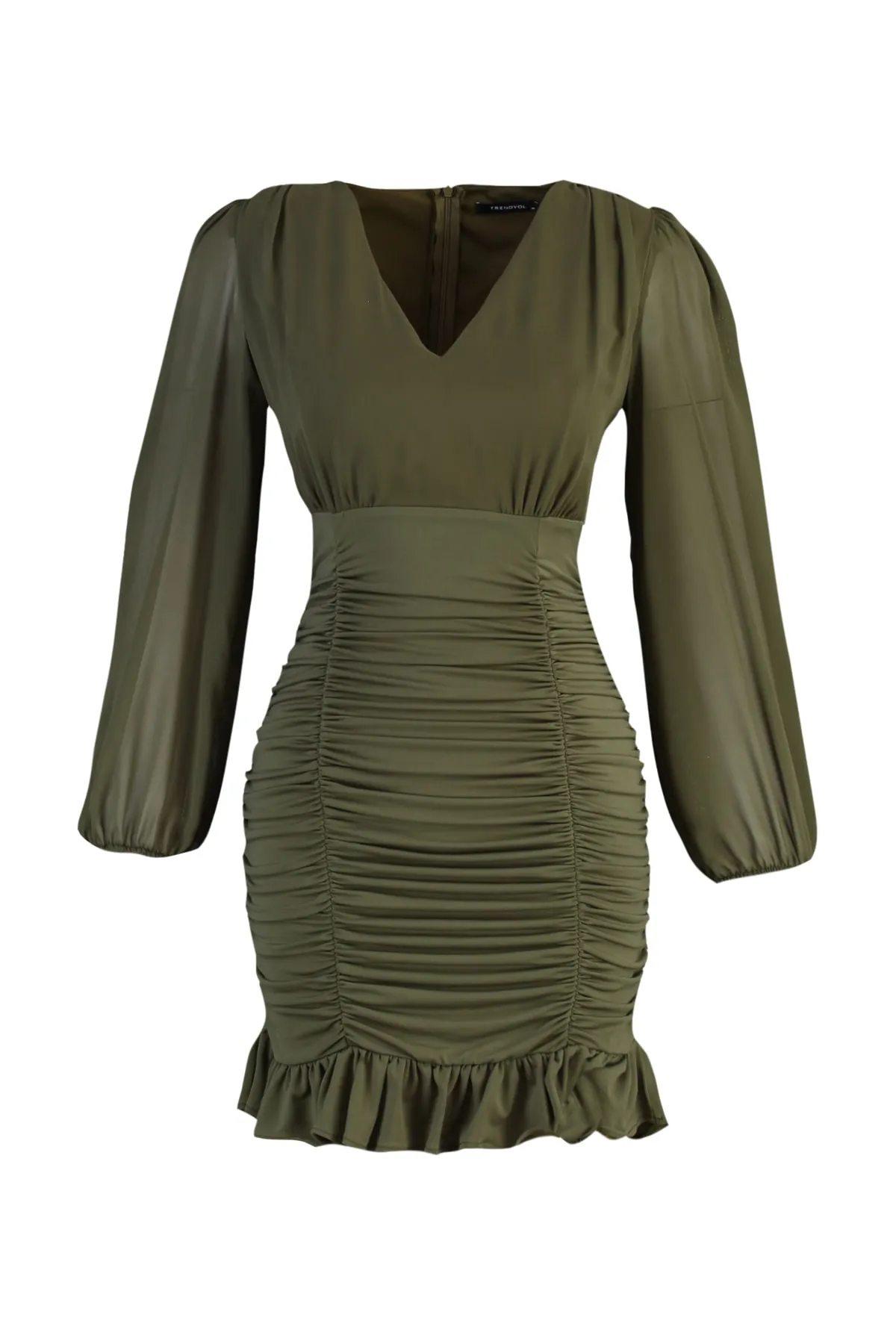 Trendyol Collection  Khakifarbenes, figurbetontes, gewebtes Minikleid mit V-Ausschnitt TWOAW23EL01044