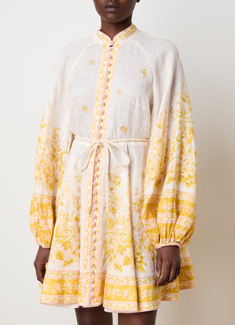 Zimmermann linen mini blouse dress with floral print and tie belt