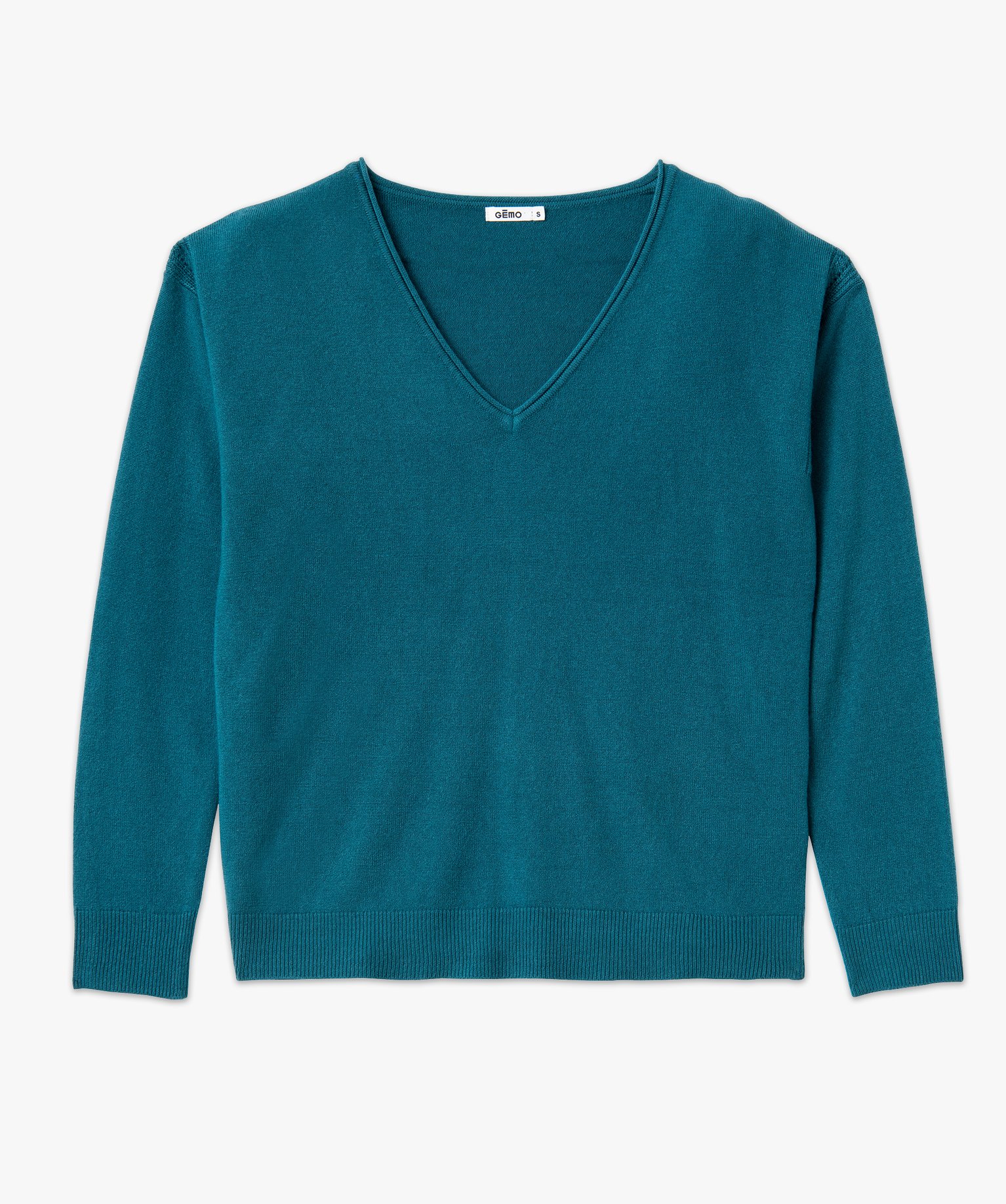 Pull femme en maille fine avec large col V bleu | GEMO