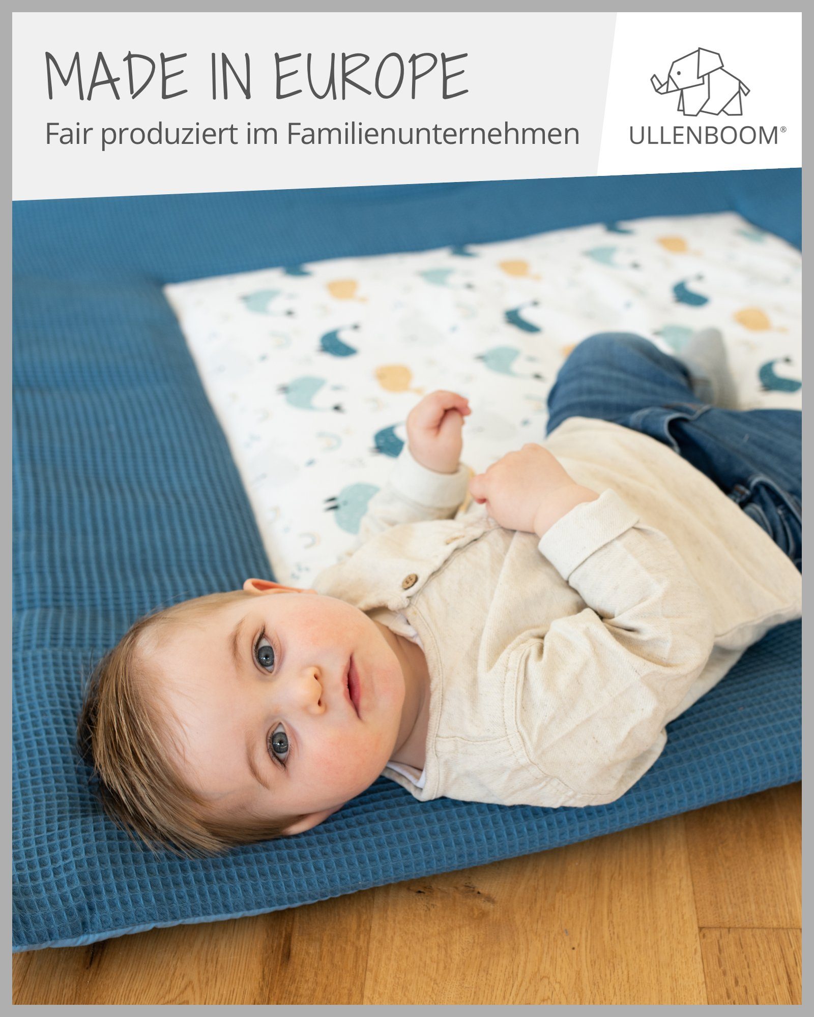 Krabbeldecke Krabbeldecke Babys 100x100 cm, Blau Wale (Made in EU), ULLENBOOM ®, Dick gepolstert, Außenstoff 100% Baumwolle, in verschiedenen Größen
