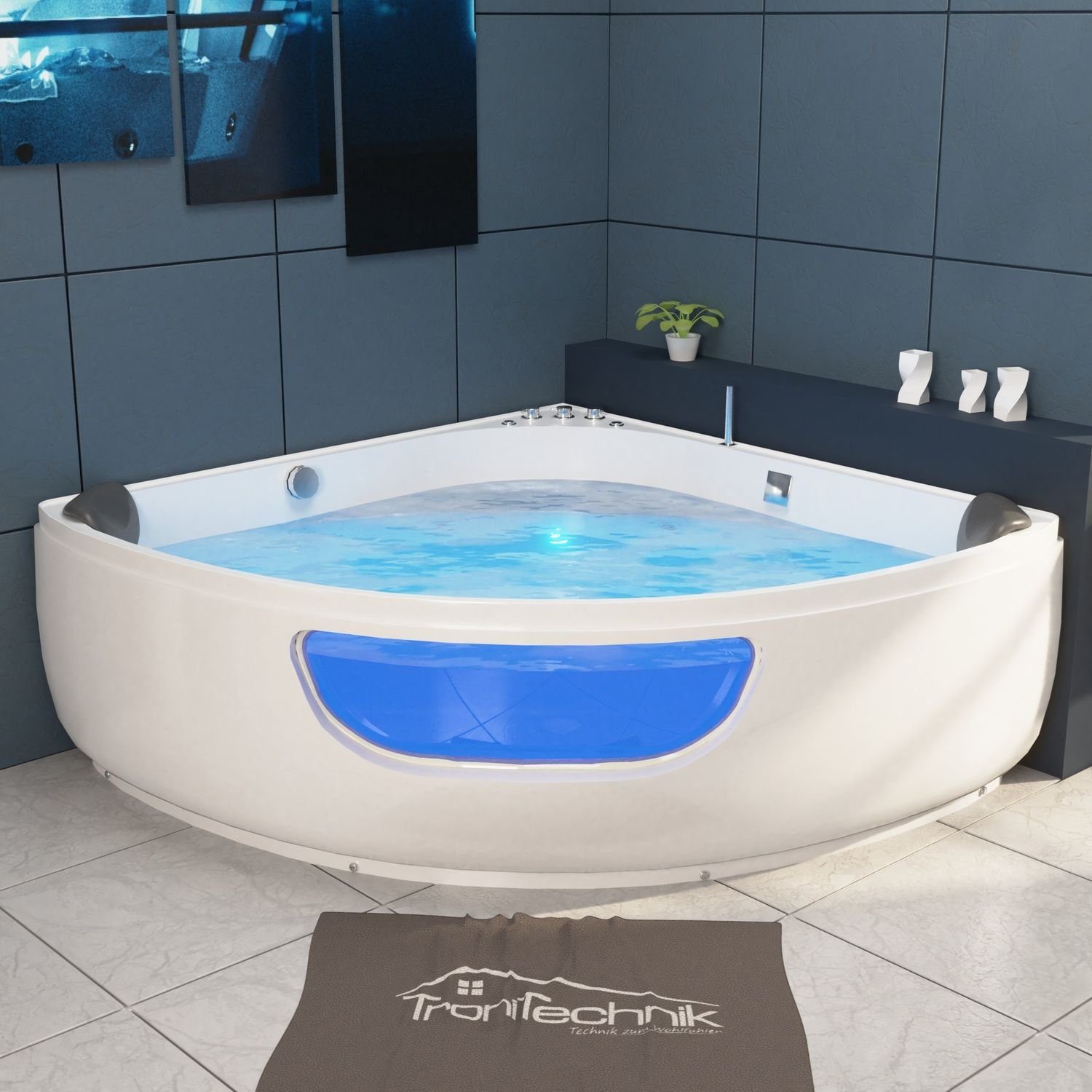 TroniTechnik Whirlpool-Badewanne PAROS 135 cm x 135 cm,Whirlpoolpumpe,Unterwasser LEDs, inkl. Zubehör, (inkl. Zubehör, vormontierte Badewanne mit Unterwasser LED), Premium Whirlpoolpumpe, Unterwasser LED, Massagedüsen