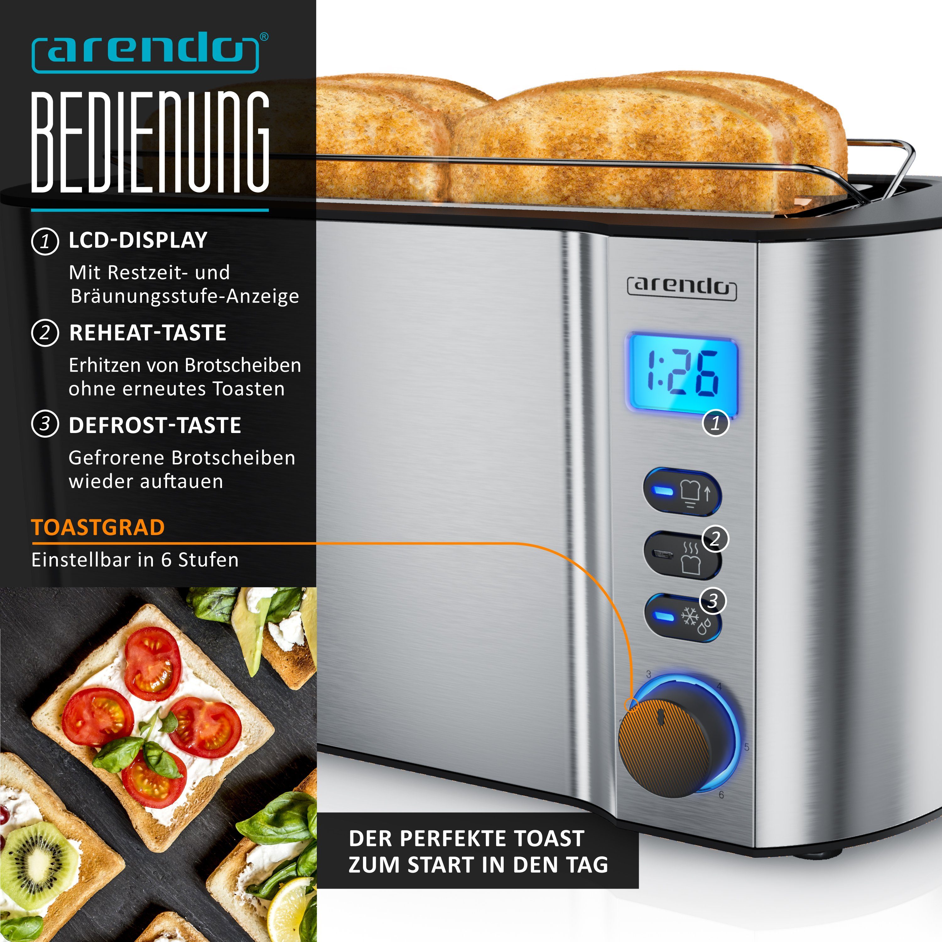 Arendo Frühstücks-Set (2-tlg), 4-Scheiben Langschlitz Toaster, 8er Eierkocher, Silber