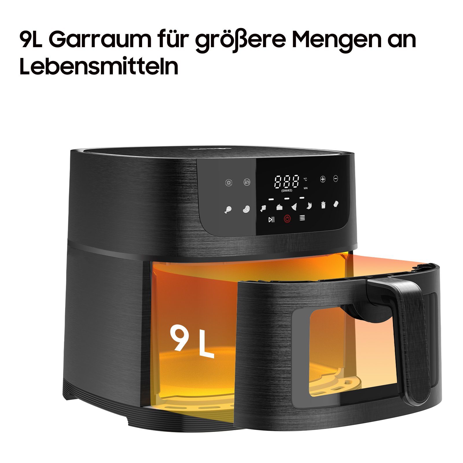 iceagle Heißluftfritteuse Heißluftfritteuse 9L AirFryer XXL, Heizluft Fritteuse, 1800,00 W, mit Großes Sichtfenster, 8 Programmen, Led Touchscreen, Ohne Öl