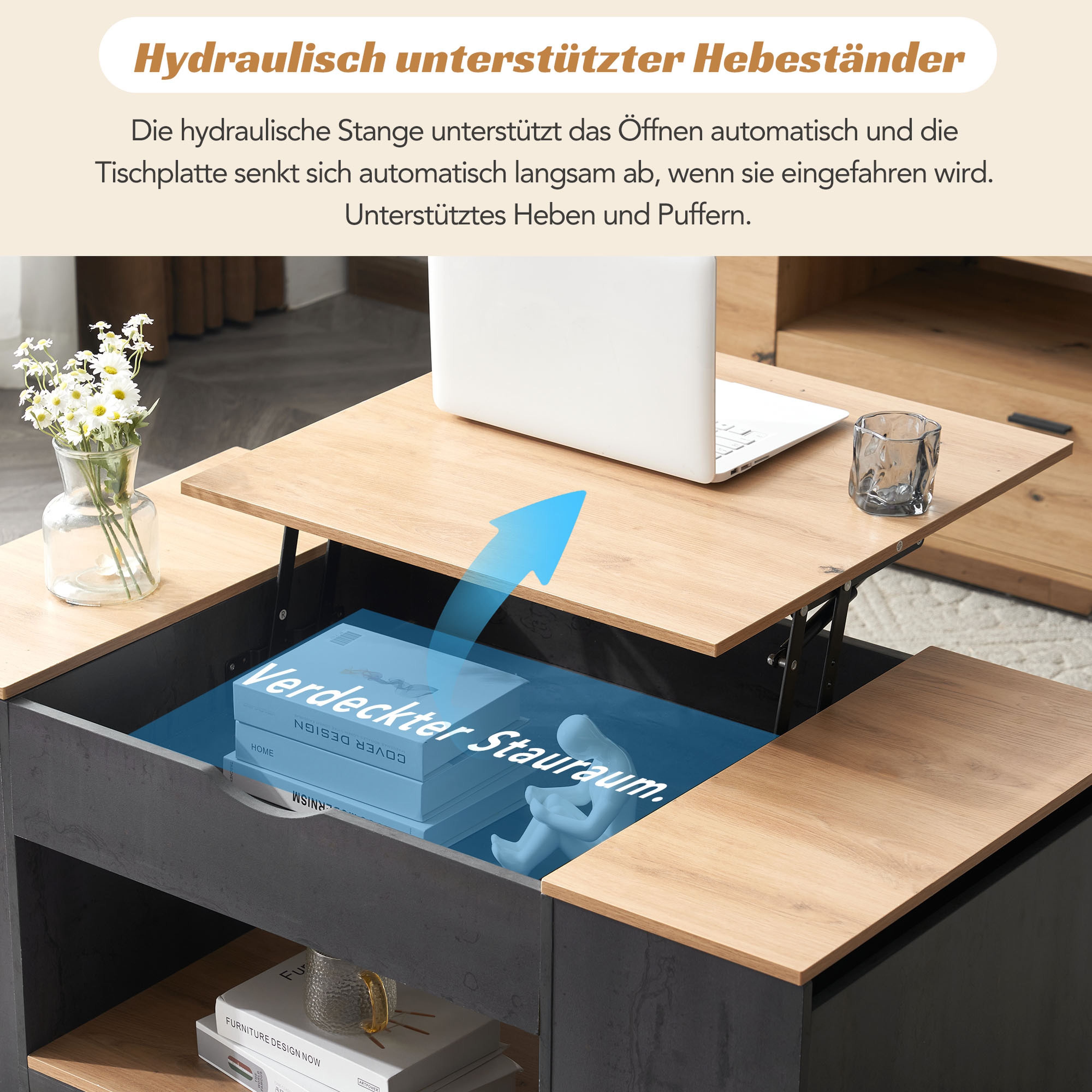 BlingBin Couchtisch Wohnzimmertisch (1-St., mit Liftfunktion, Stauraum unter der Tischplatte), Hubauszugstischplatte, 3 versteckte Fächer, ein offener Stauraum