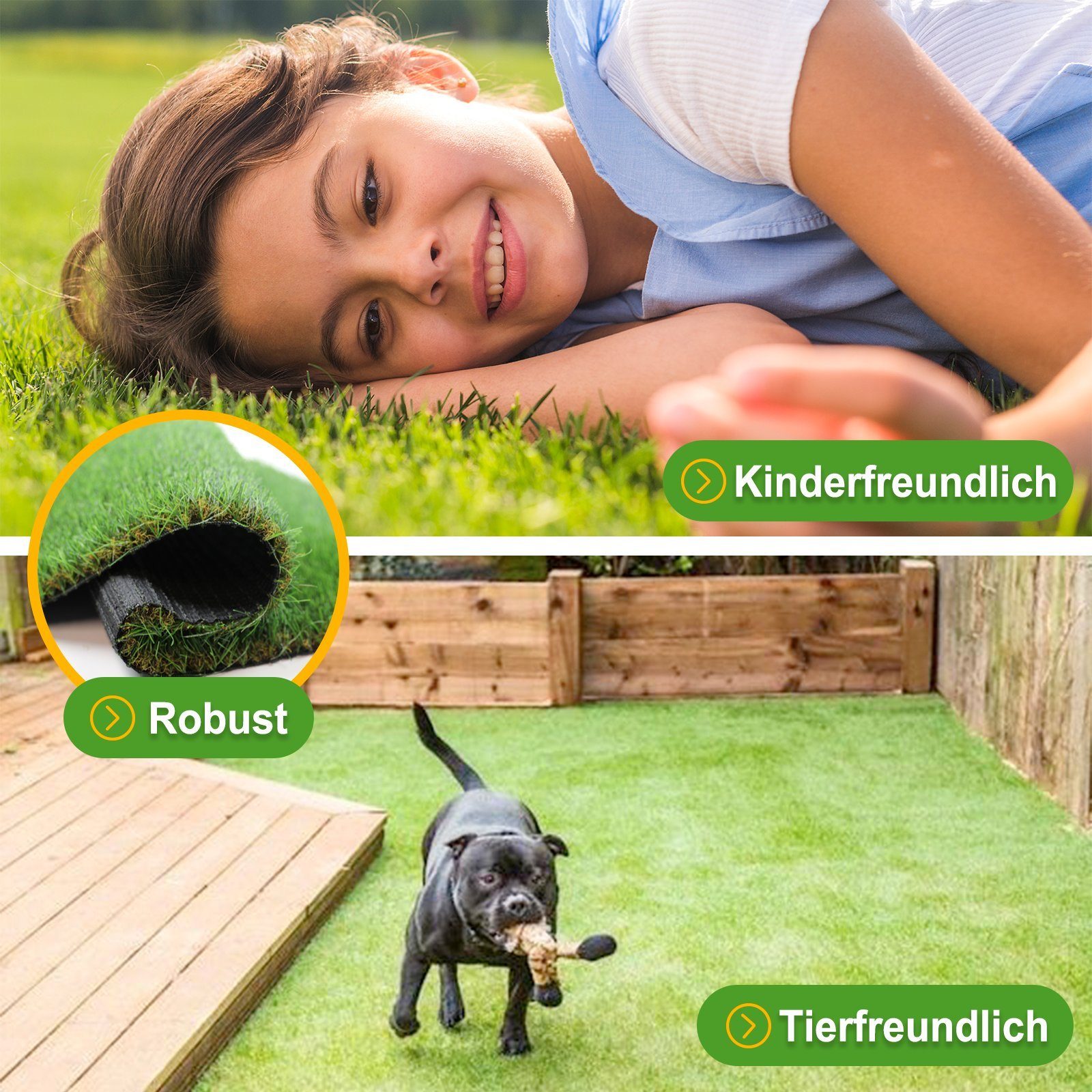 Kunstrasen, PUCHIKA, Natürliche Optik, für Balkon, Terasse, Garten, UV-beständig, 30mm