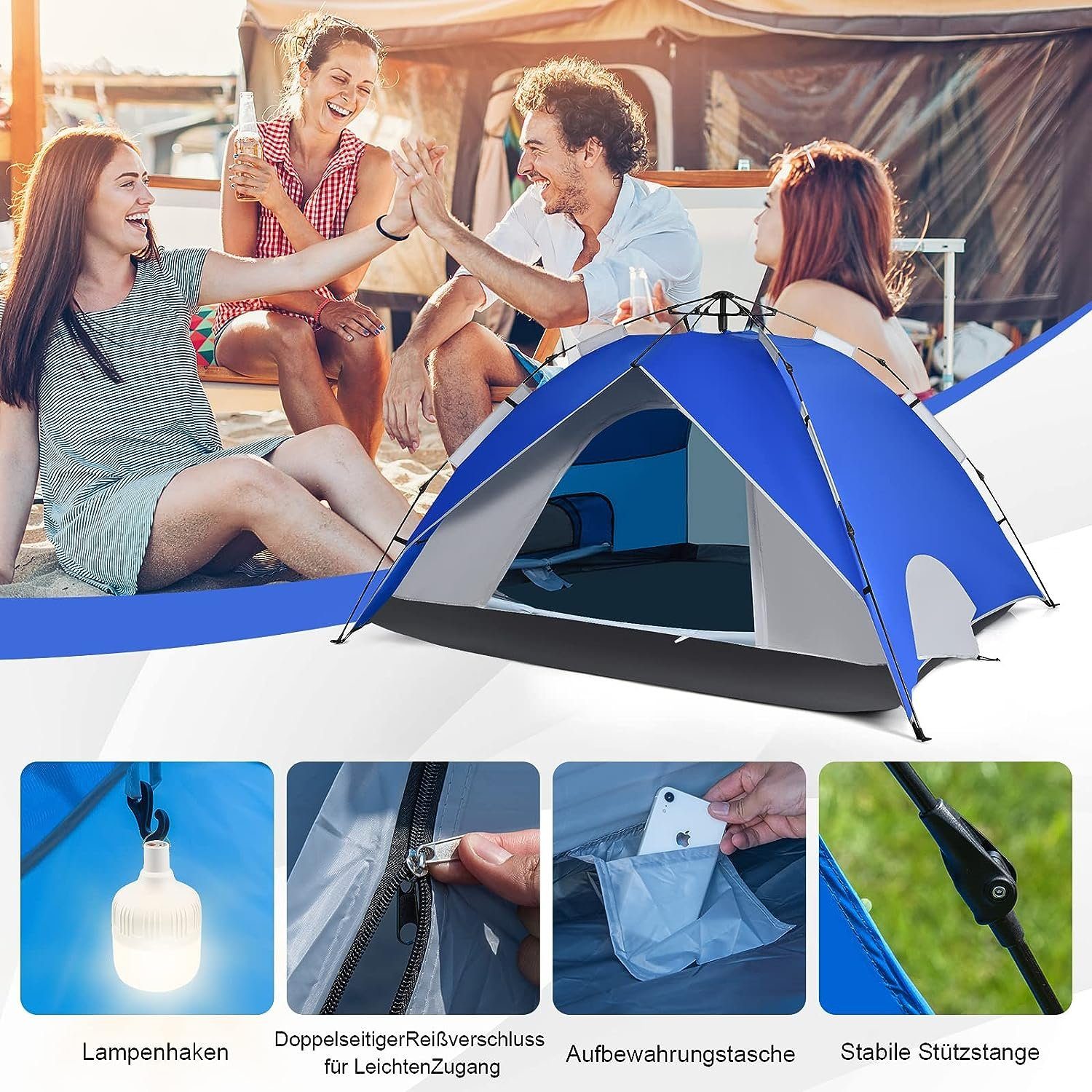 KOMFOTTEU Wurfzelt Pop Up Campingzelt, Personen: 4, mit Tragetasche & Netzfenster & Reißverschluss