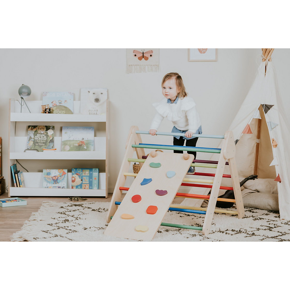 Klettergerüst mit Rampe und Rutsche Indoor, Kletterdreieck aus Holz, Klettern Innnen Kleinkind