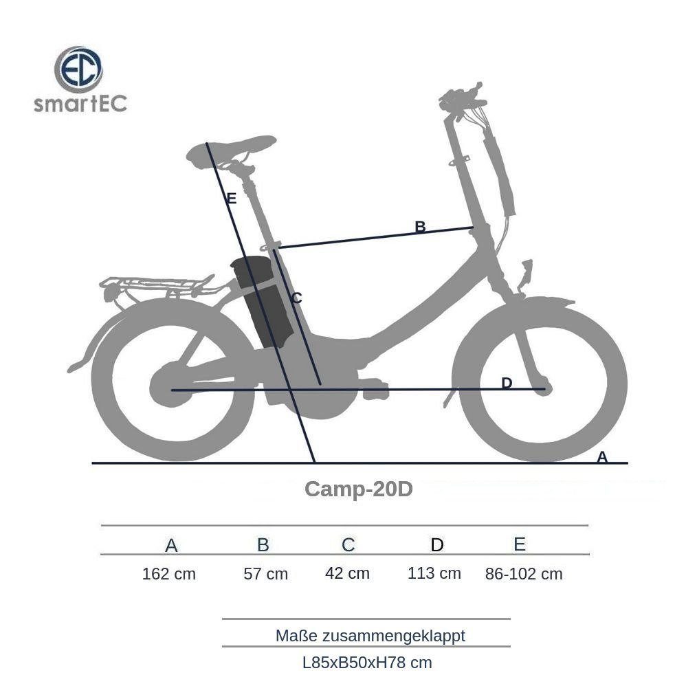 smartEC E-Bike 20 Zoll Klapprad Camp-20D Weiß, 7 Gang Shimano Tourney Schaltwerk, Kettenschaltung, Hinterrad-Nabenmotor, 562,00 Wh Akku, Batterie, Damen/Herren Unterstützung 25 km/h Anfahrhilfe Scheibenbremse StVZO