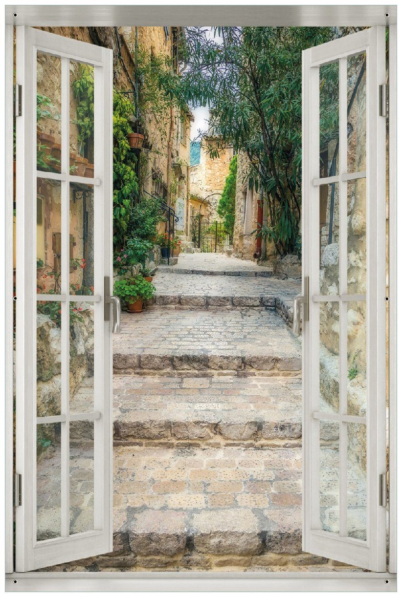 Wallario Sichtschutzzaunmatten Alte steinerne Gasse in Südfrankreich, mit Fenster-Illusion
