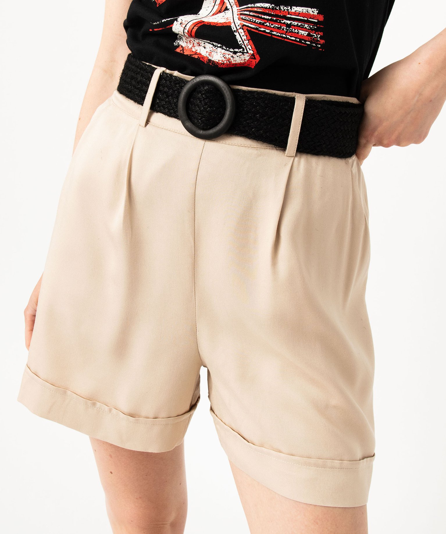 Short taille haute en toile avec ceinture tressée femme beige | GEMO