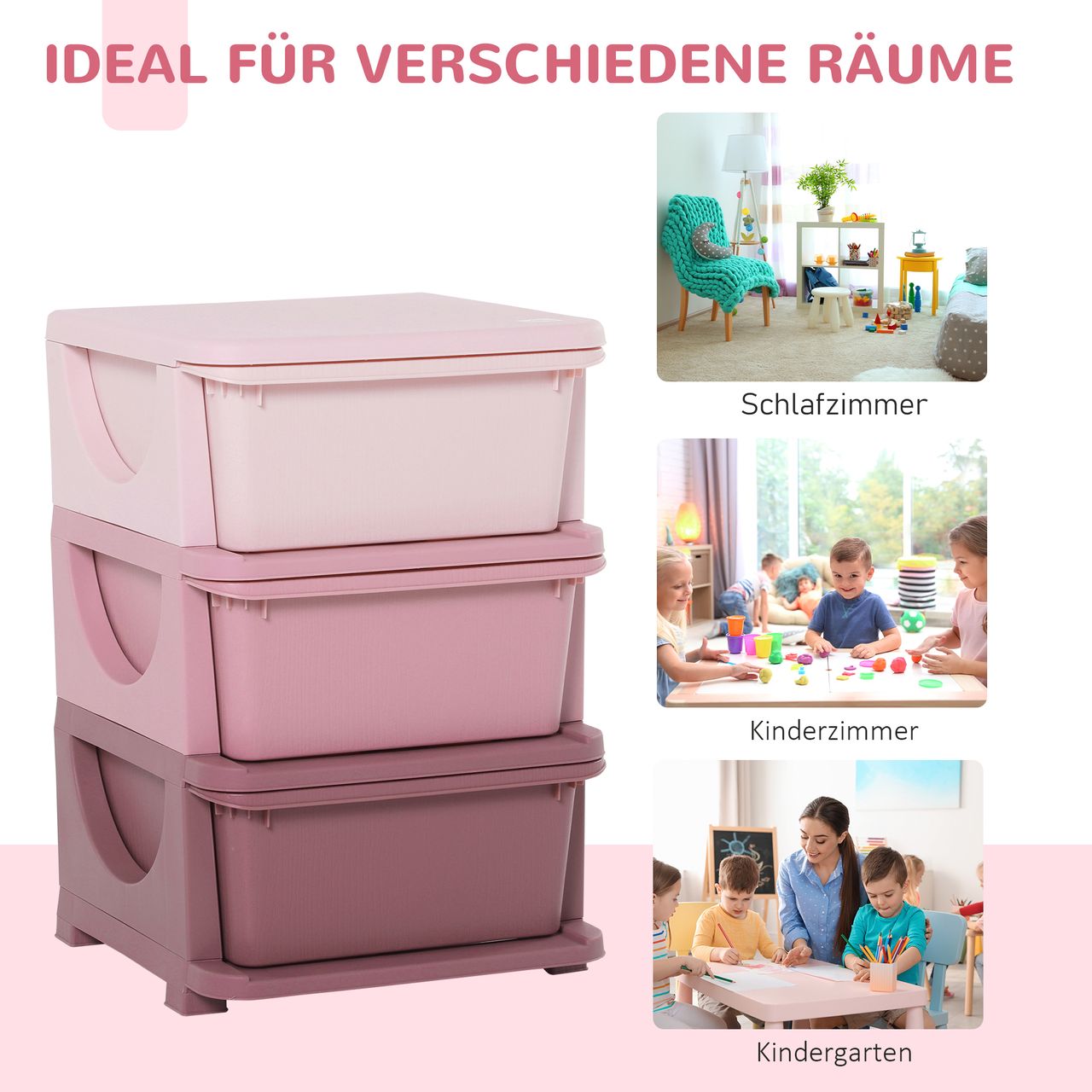 HOMCOM Schubladenschrank für Kinder mit Stauraum Aufbewahrungsboxen Spielzeug-Organizer Spielzeugkiste drei Ebene für Kinderzimmer 3-6 Jahre Kindermöbel Rosa 37 x 37 x 56,5 cm