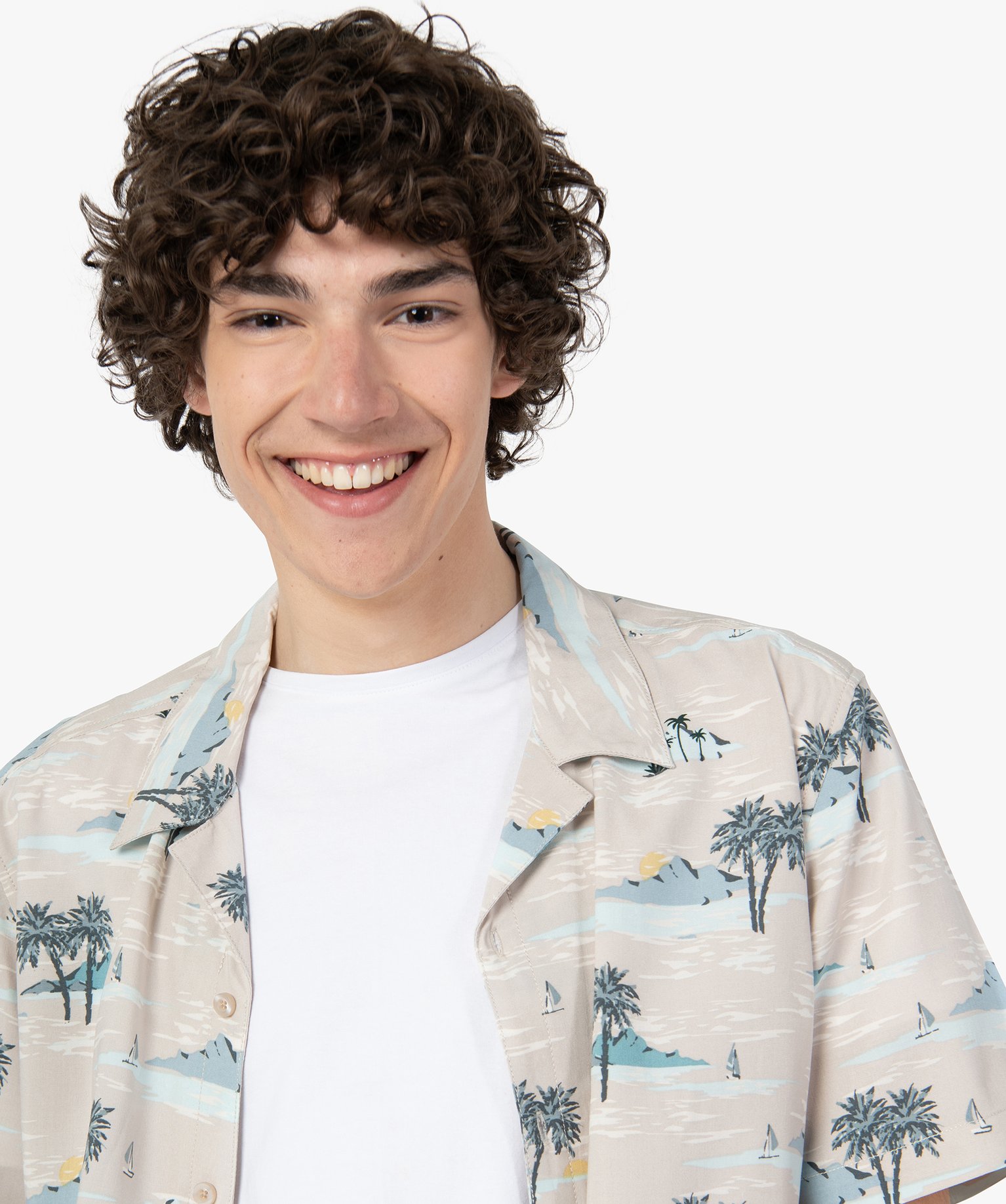 Chemise homme à manches courtes avec imprimé tropical beige | GEMO