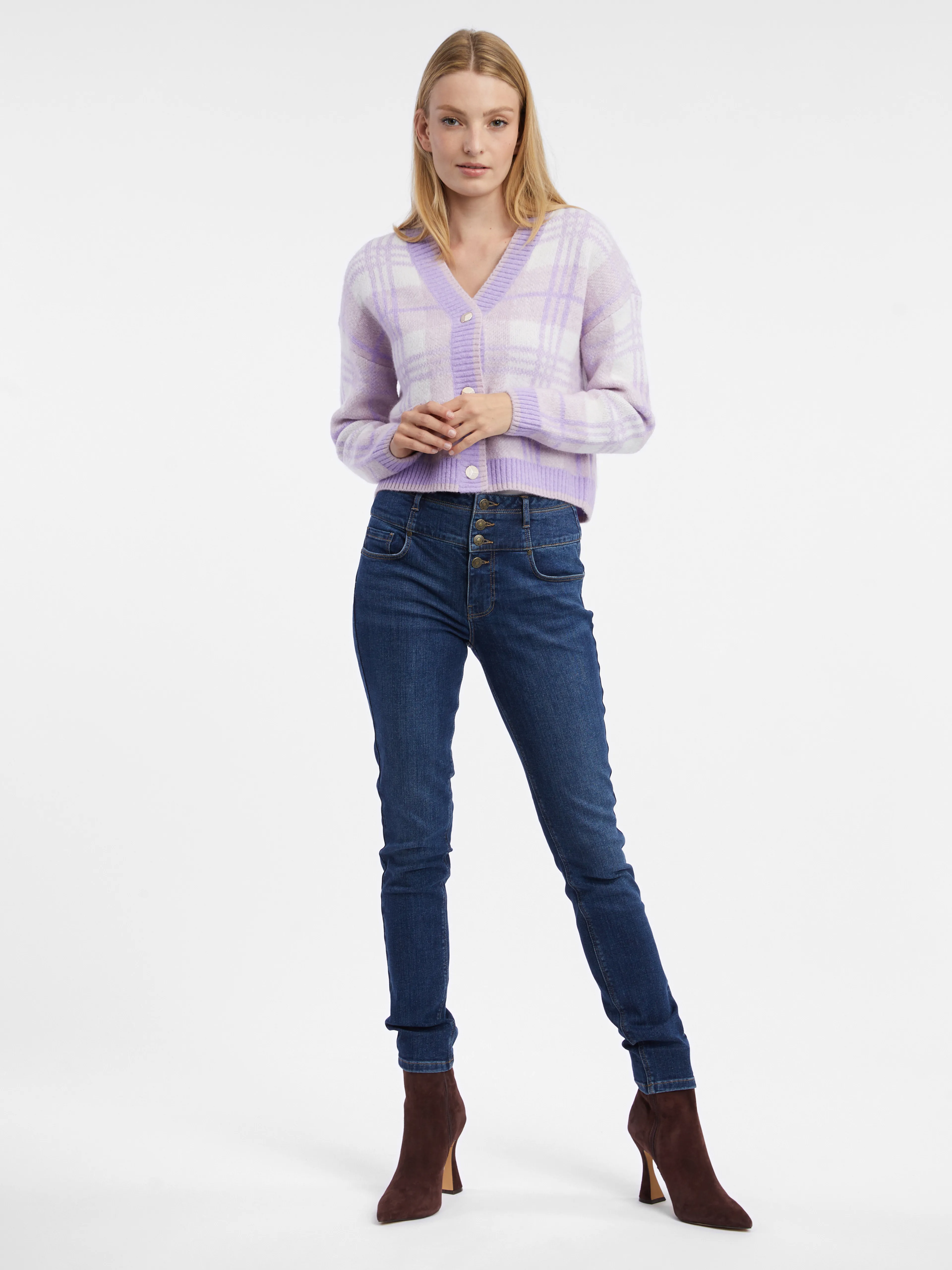 Hellviolette karierte Damen-Strickjacke ORSAY