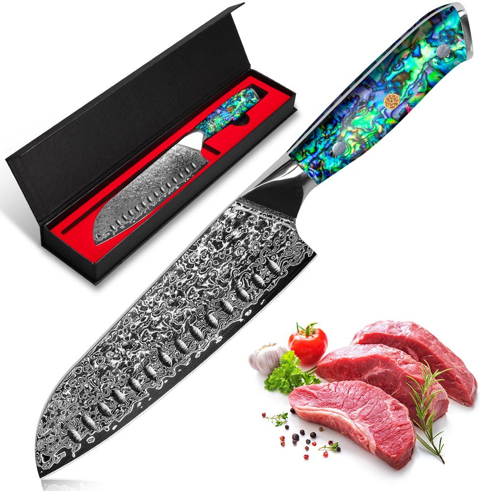 KEENZO Damastmesser Santoku-Messer aus 67 Lagen VG10 Damaststahl Abalone-Muschel Griff