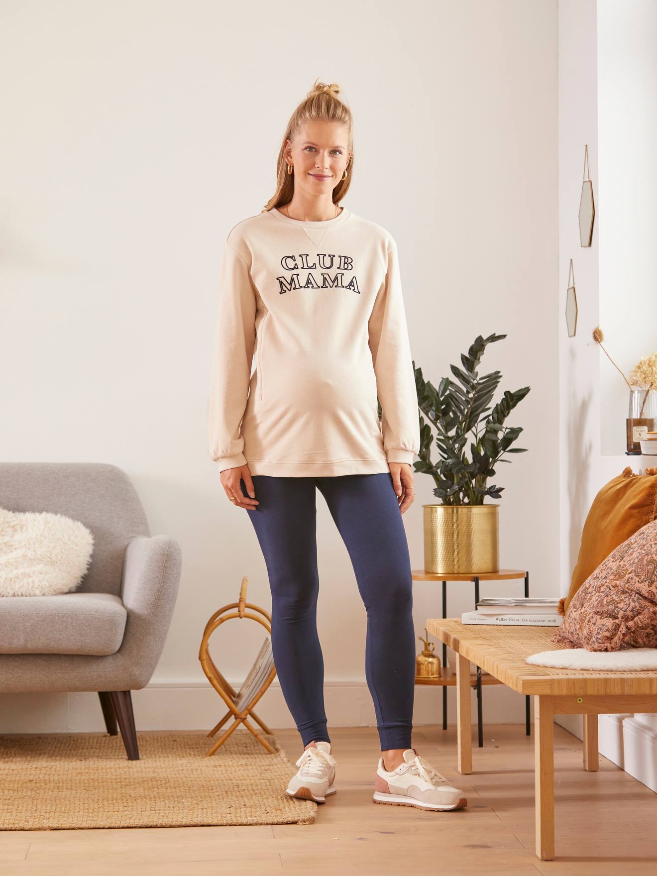 Ensemble 2 pièces homewear grossesse et allaitement beige / bleu marine