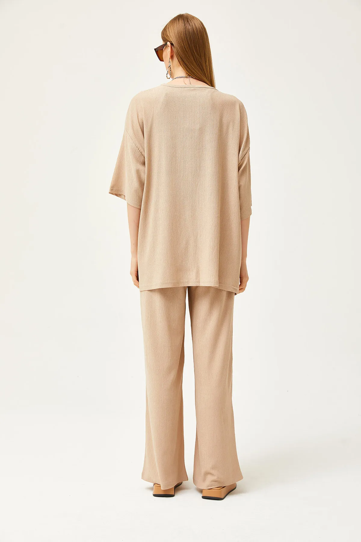 Olalook  Beiges Damen-Set mit Oberteil und Kimono-Unterteil sowie Hose TKM-19000280