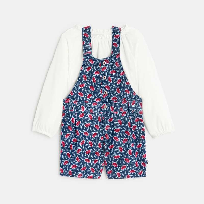 Salopette courte fleurie et blouse rose bébé fille