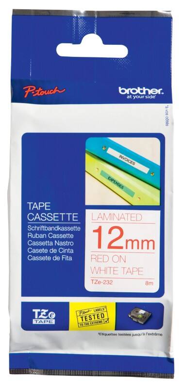 Brother TZe-232 Authentic Schriftband Selbstklebend Roter Druck auf Weiß 12 mm x 8m
