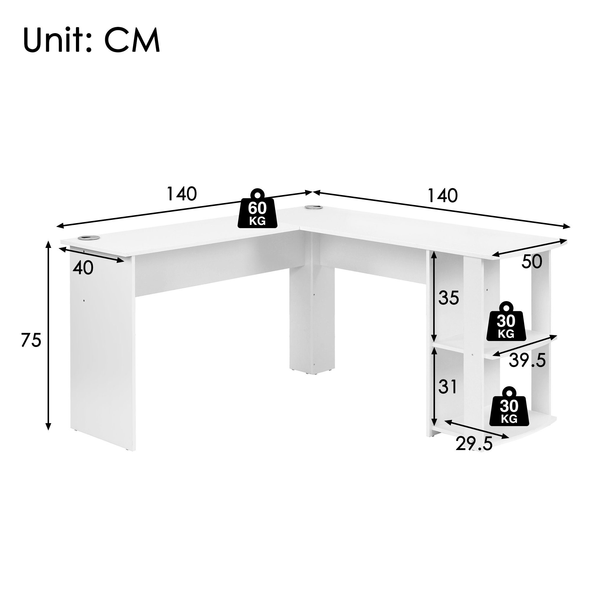 HAUSS SPLOE Schreibtisch Eckschreibtisch L-Förmig Bürotisch Arbeitstisch (140cm mit 2 Ablagen), Computertisch L-förmiger Eckschreibtisch, Weiß