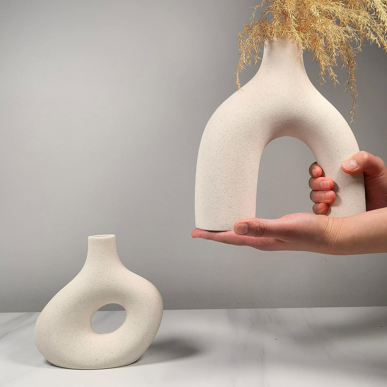 SCOHOME Dekovase Keramik Vase für pampasgras,Weiß Vase modern deko vase Boho Deko Stil, Kreative 2er Set Vasen,Blumenvase für frische Blumen&Trockenblumen