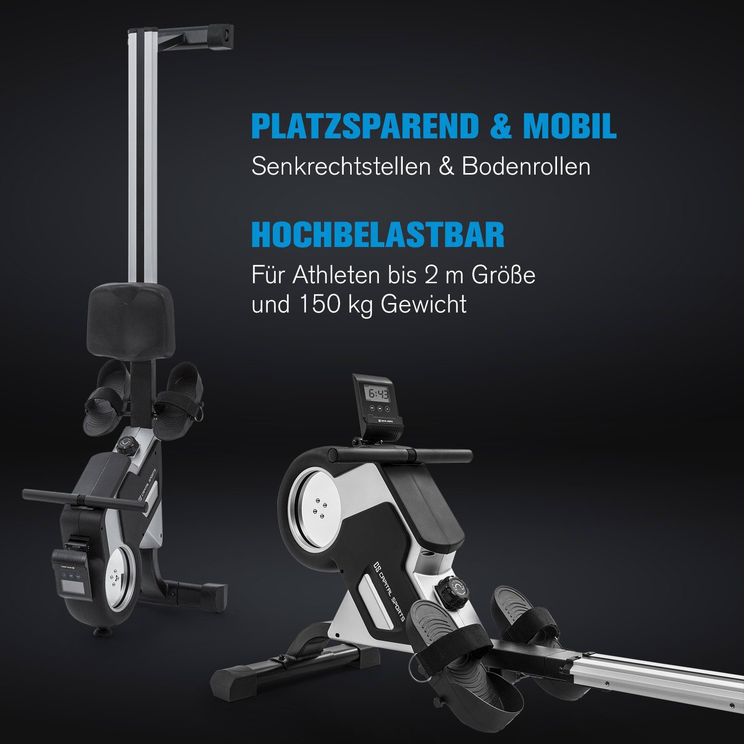 Capital Sports Rudermaschine Stream M1 Magnetrudergerät 105cm LC-Display 8 Stufen Aluminium, Rudergerät für Zuhause Sport Rowing Machine Fitnessgerät Sportgerät Trainingsgerät