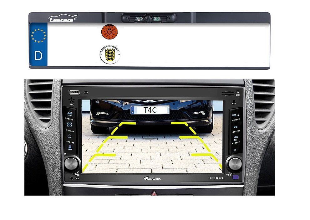 Lescars Lescars Funk-Rückfahrkamera 10,9-cm-TFT-Monitor Nummernschild Rückfahrkamera (480 x 272 Pixel, 2x Video-Cinch und Strom-Adapterstecker mit 45cm Länge, Übertragung via Funk, somit keine Kabelverlegung nach Vorne nötig)