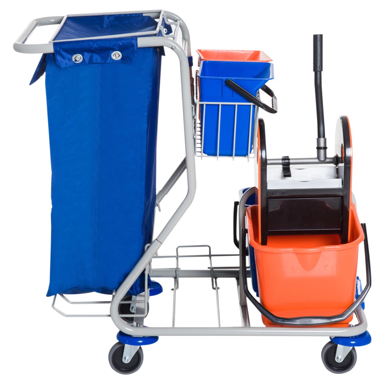 HOMCOM Putzwagen Reinigungswagen 4 Fahreimer Wischwagen Systemwagen mit Rollen Blau Orange 93 x 70 x 97 cm