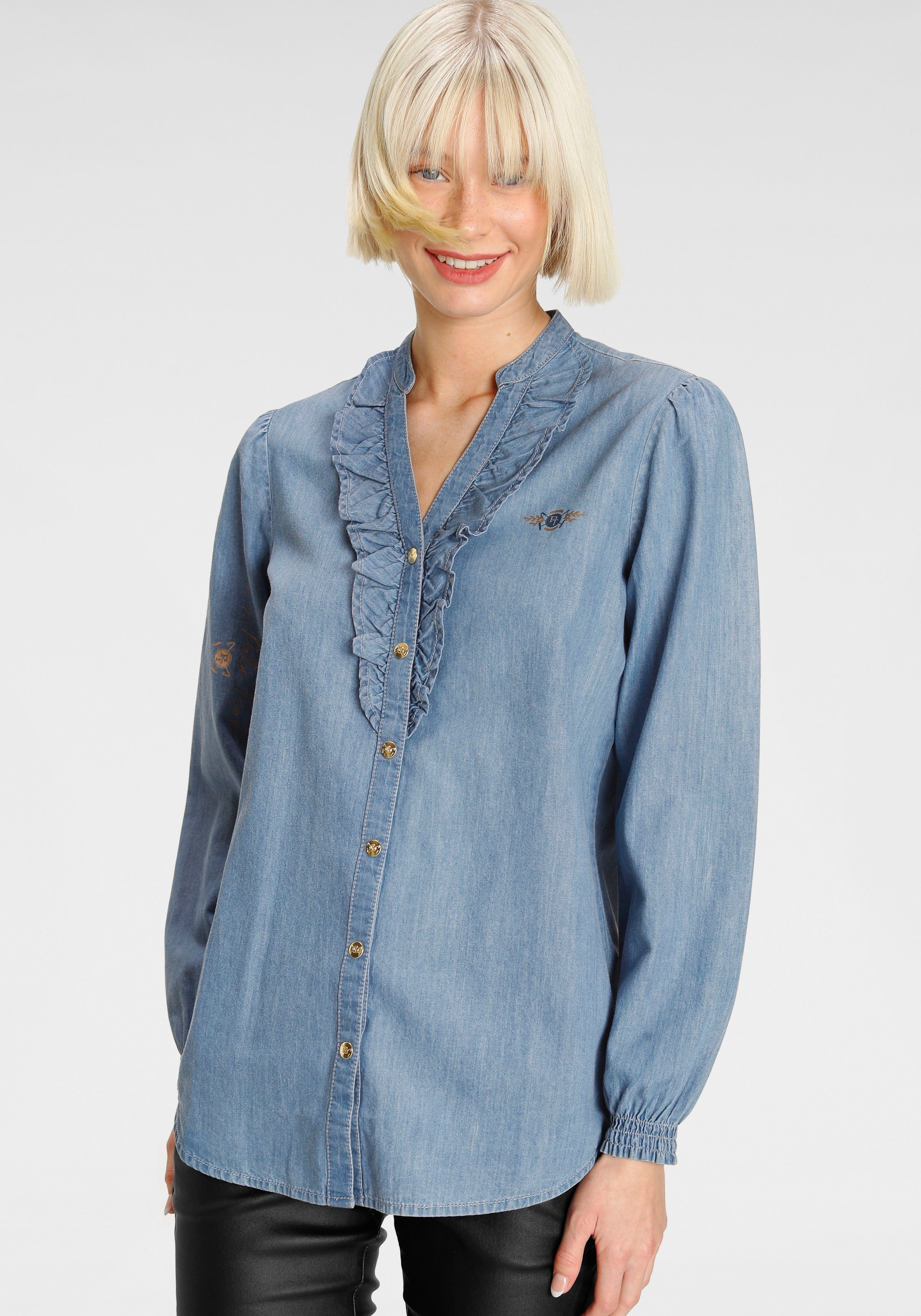 TOM TAILOR Polo Team Jeansbluse mit Rüschen an der Knopfleiste