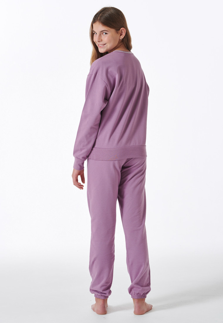 Schlafanzug lang Sweatwear Bündchen mauve - Nightwear
