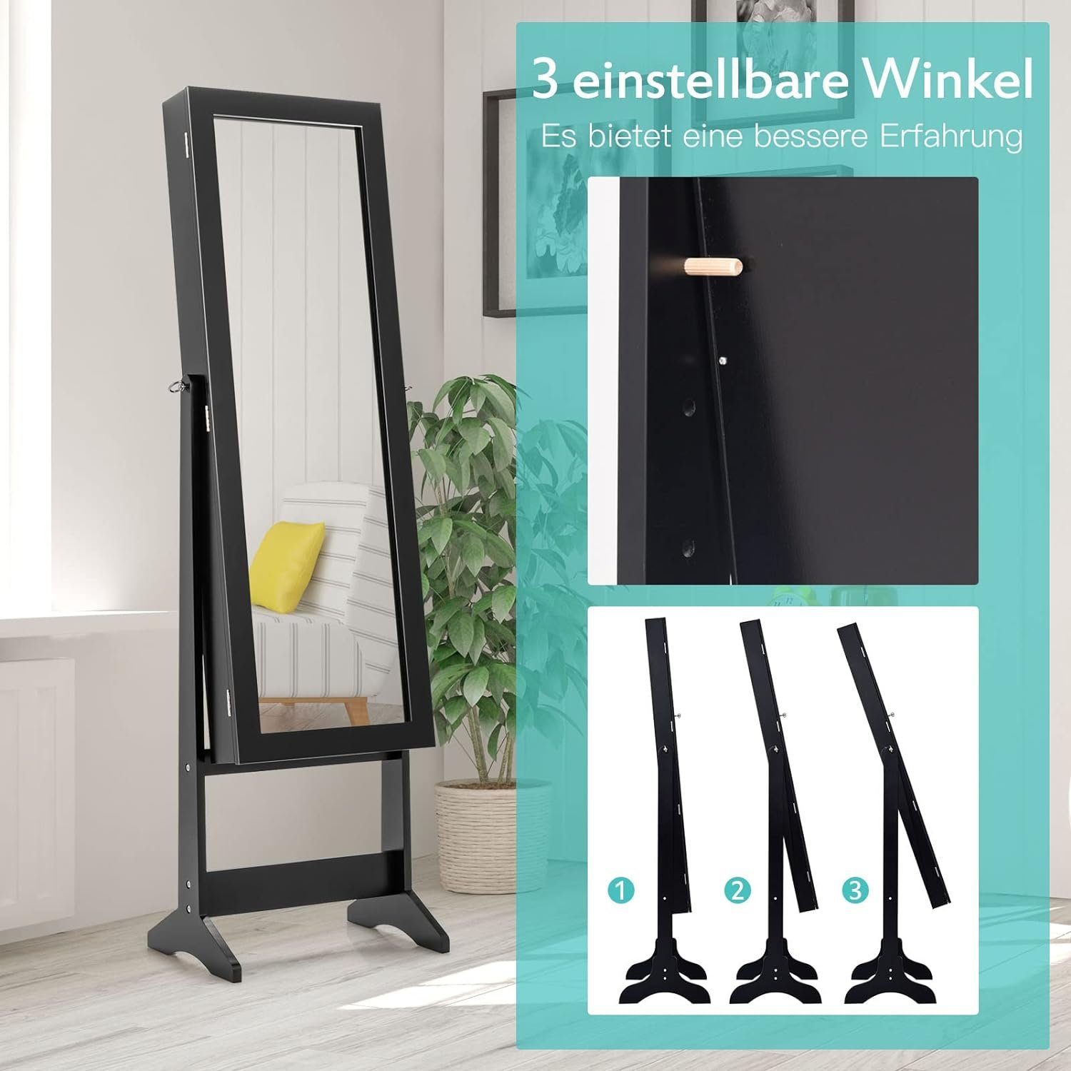 KOMFOTTEU Schmuckschrank Schmuckregal mit Ganzkörperspiegel, stehend
