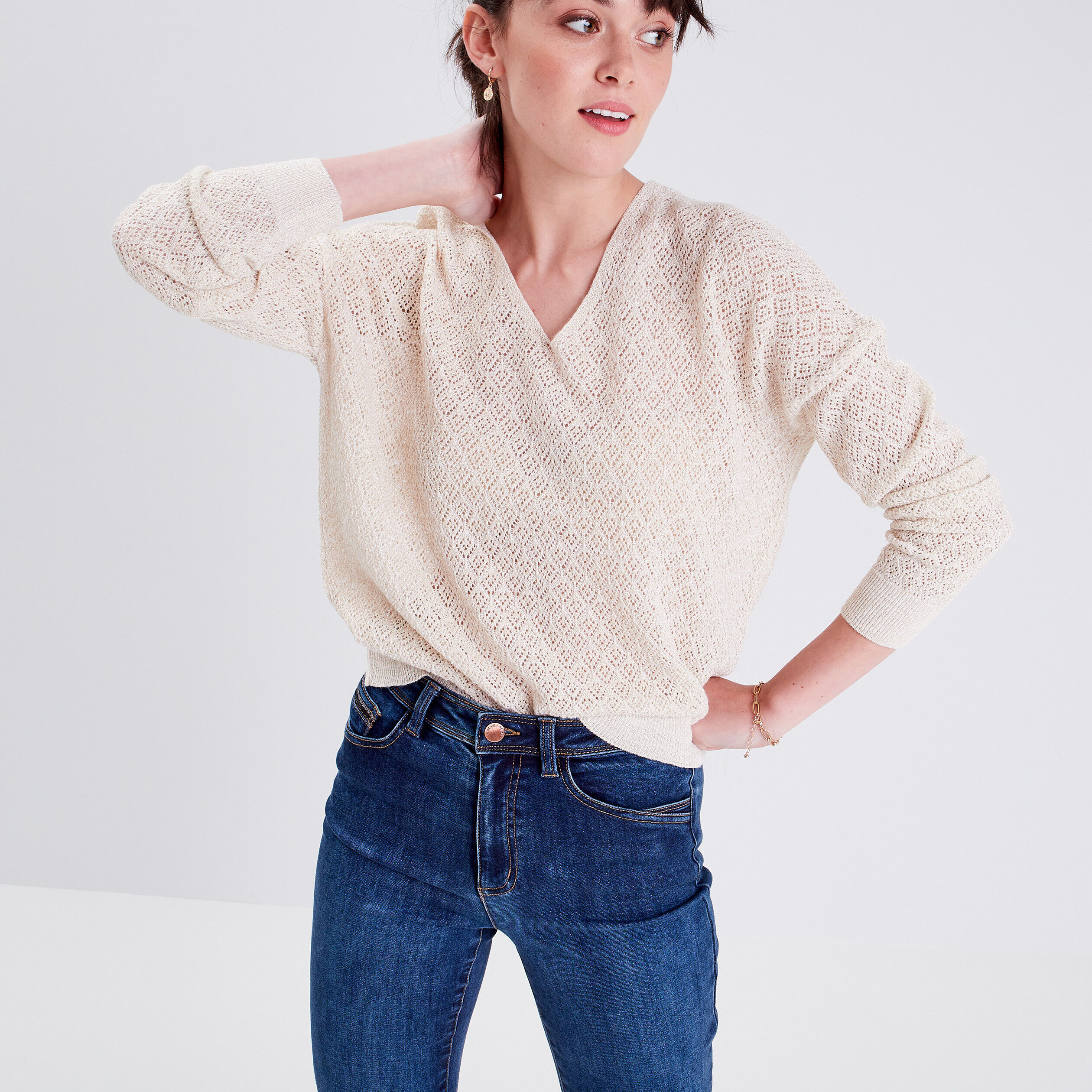 Pull manches longues ajouré ecru femme | Cache Cache