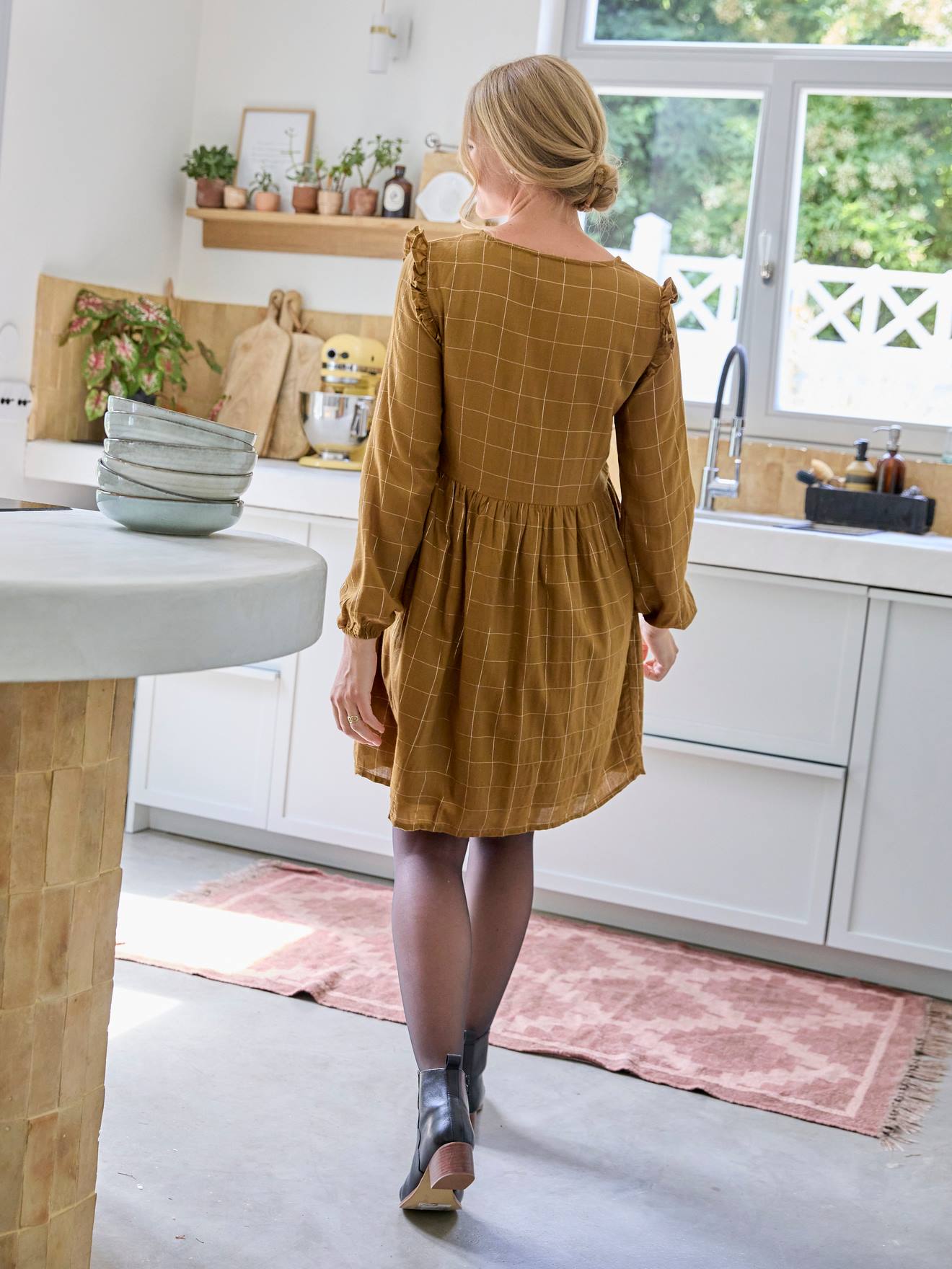 Vertbaudet Kleid für Schwangerschaft & Stillzeit, Glitzer-Karos - khaki
