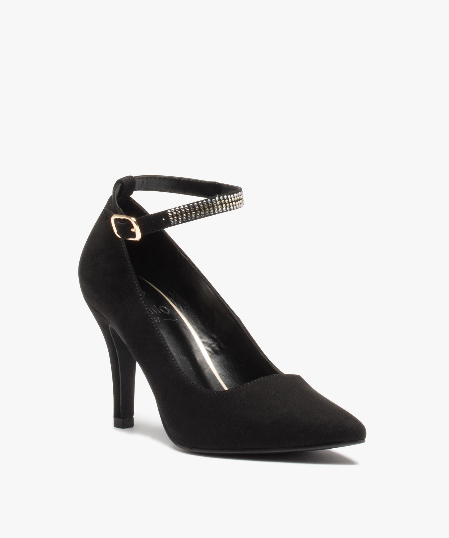 Escarpins femme unis à talon aiguille et bride strass noir | GEMO