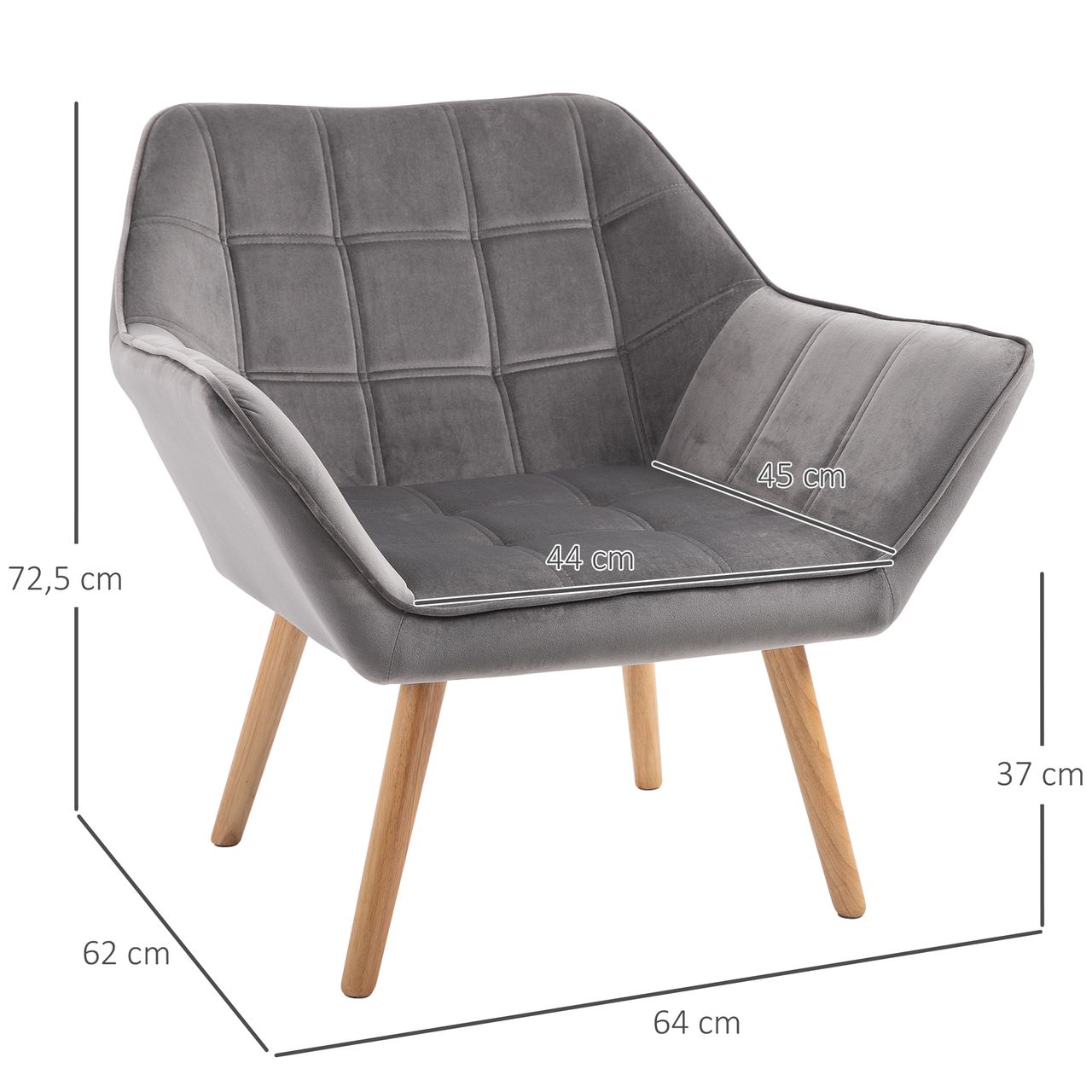 HOMCOM Einzelsessel Armlehnsessel Relaxsessel mit Holzbeine, Samtoptik, Grau