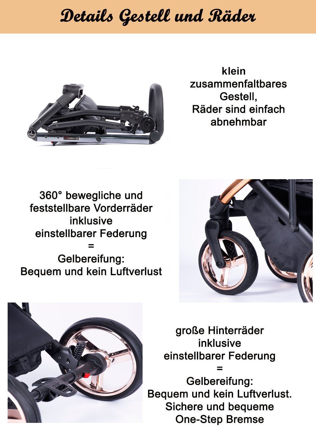 babies-on-wheels Kombi-Kinderwagen 3 in 1 Kinderwagen-Set Vip Lux - 12 Teile - in 16 Farben