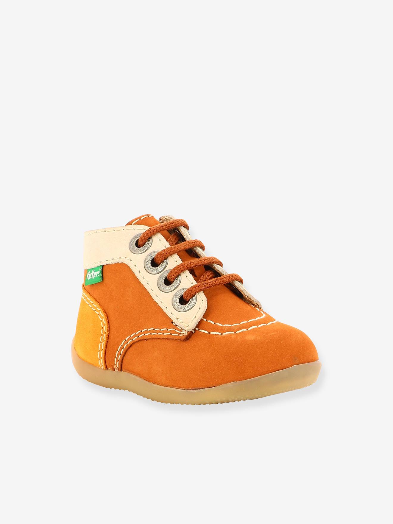 Bottillons cuir bébé Bonzip 2 KICKERS® 1ers pas camel jaune blanc