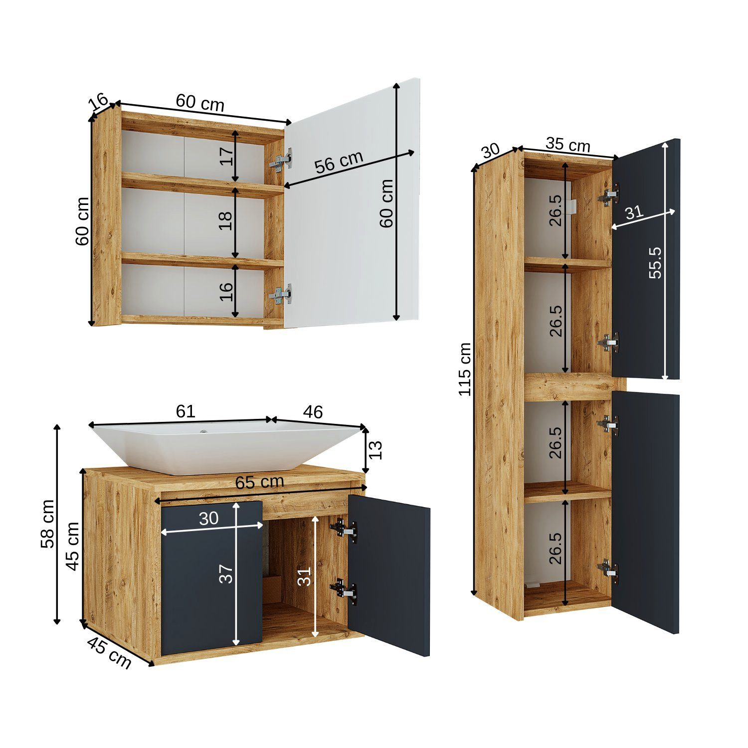 Roomart Badmöbel-Set, (Badmöbel Set 65cm Unterschrank Waschbecken Spiegelscrank Hochschrank)