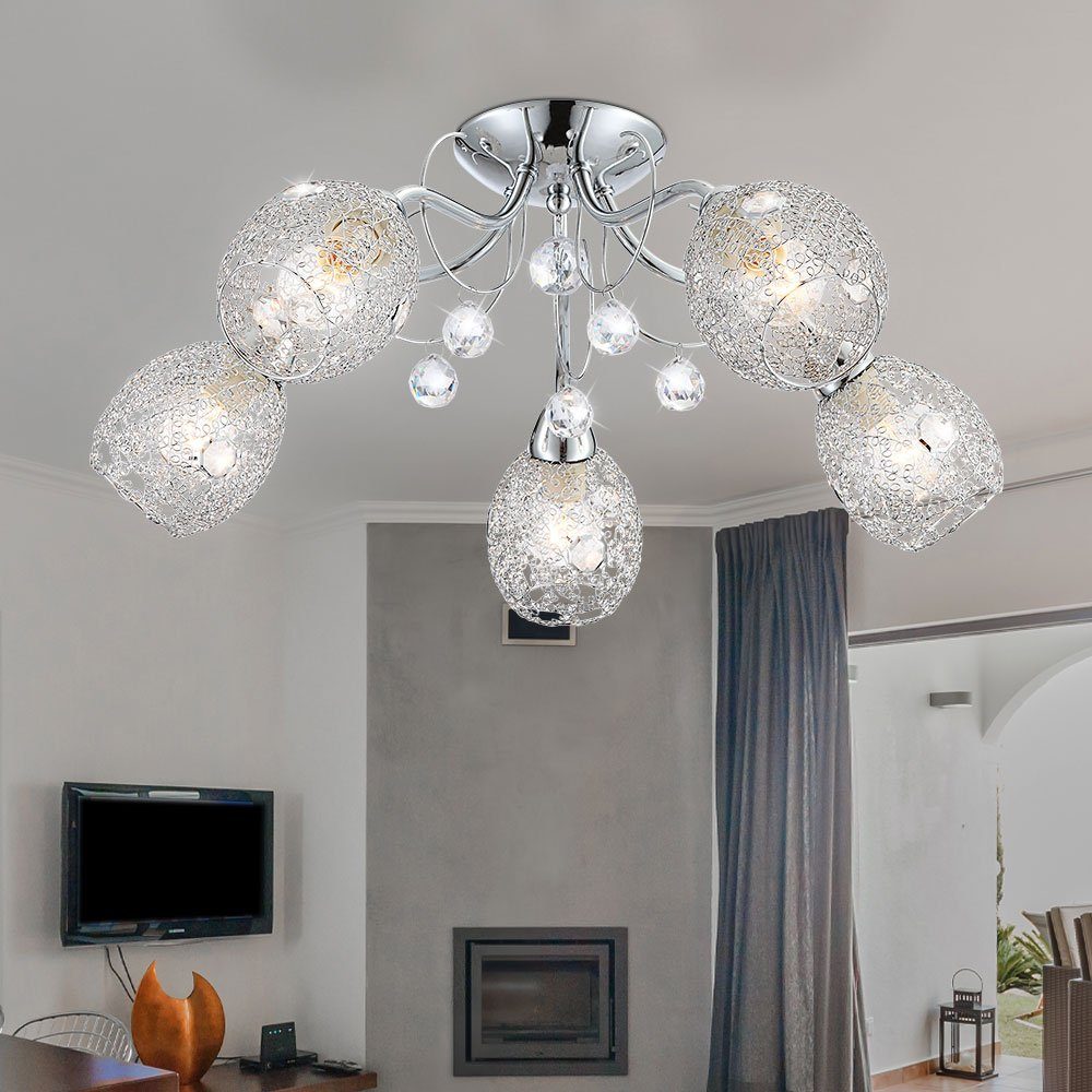 etc-shop LED Kugelleuchte, Leuchtmittel nicht inklusive, Deckenleuchte Kristall Deckenlampe Beleuchtung Chromgeflecht Licht