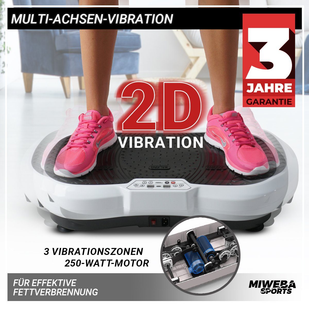 Miweba Sports Vibrationsplatte Vibrationsboard MV100 inkl. Fernbedienung - 2D-Vibration, 250 W, 99 Intensitätsstufen, (150 kg max. Benutzergewicht, Bluetooth, 10 Programme, extra breite Trittfläche, LED-Display, 12,5 kg Leichtgewicht, Poster & Widers