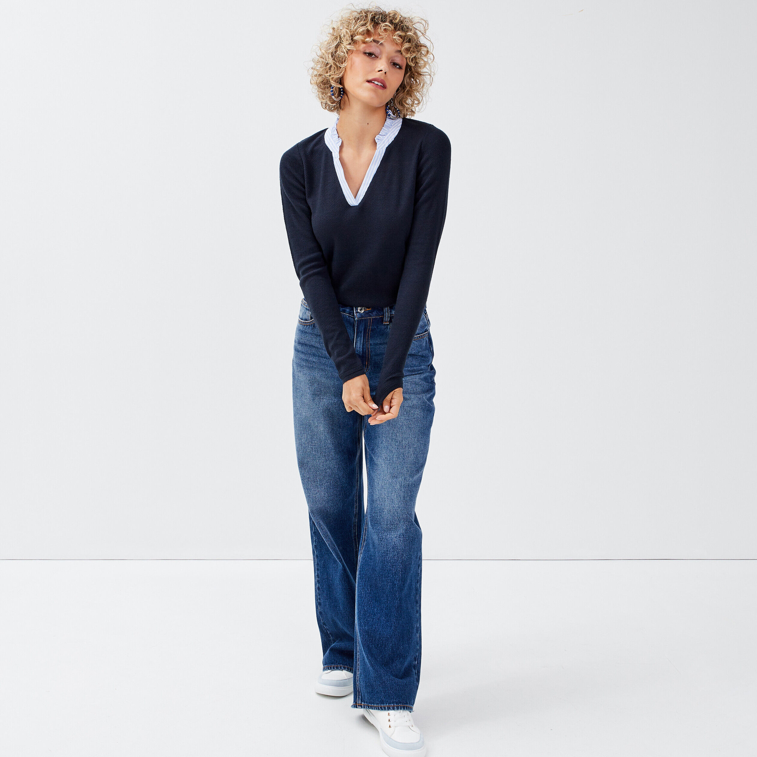 Pull avec col en V bleu marine femme | Cache Cache