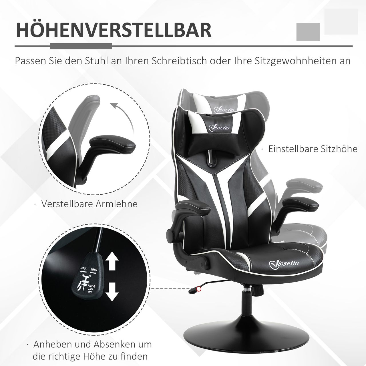 Vinsetto Gaming Stuhl ergonomischer Computerstuhl Stahl Schwarz Weiß 67 x 75 x 106-112 cm