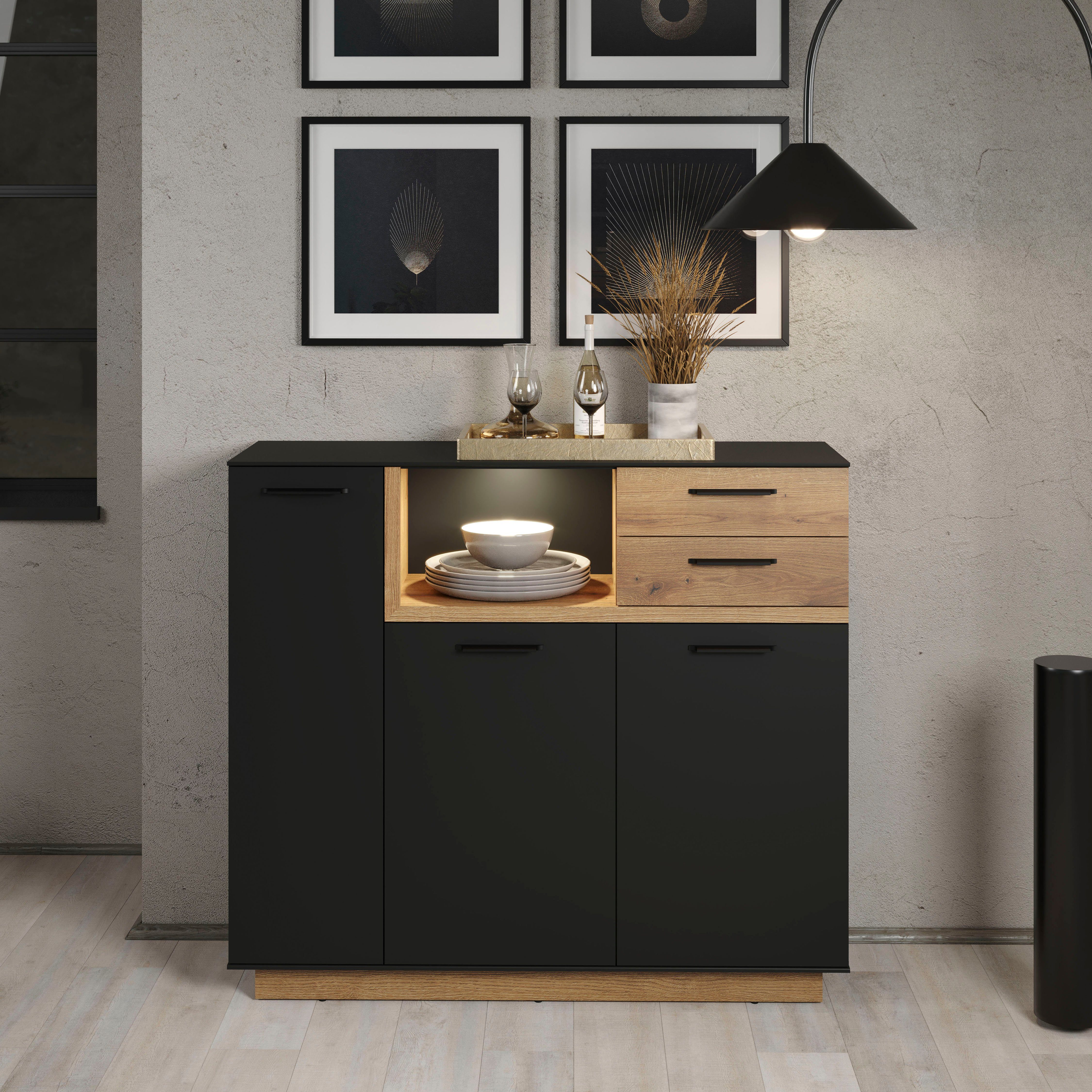 INOSIGN Highboard Premont (1 St), ca. 128 cm breit, zweifarbiger Schrank, moderne Eiche, stehend