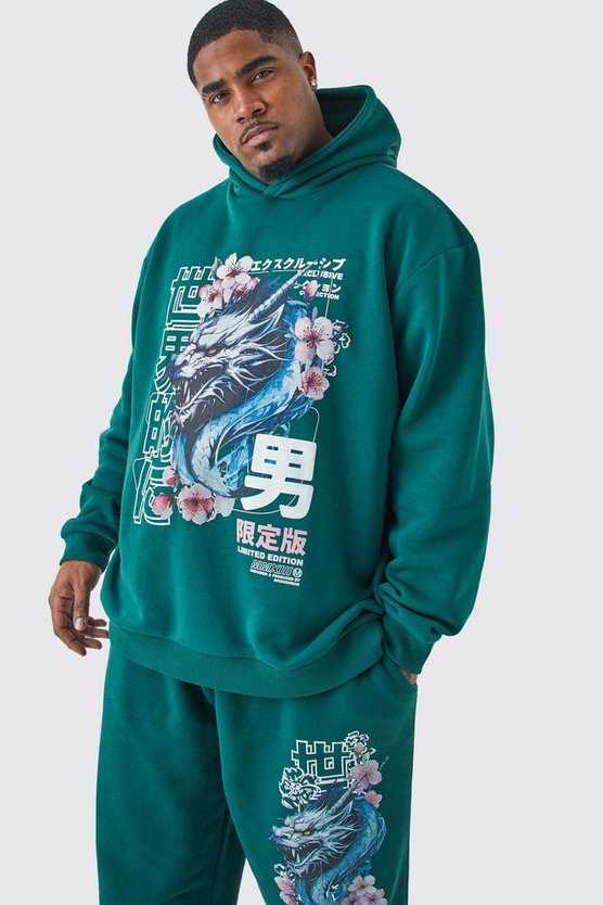 Plus Oversize Trainingsanzug mit Kapuze und Print